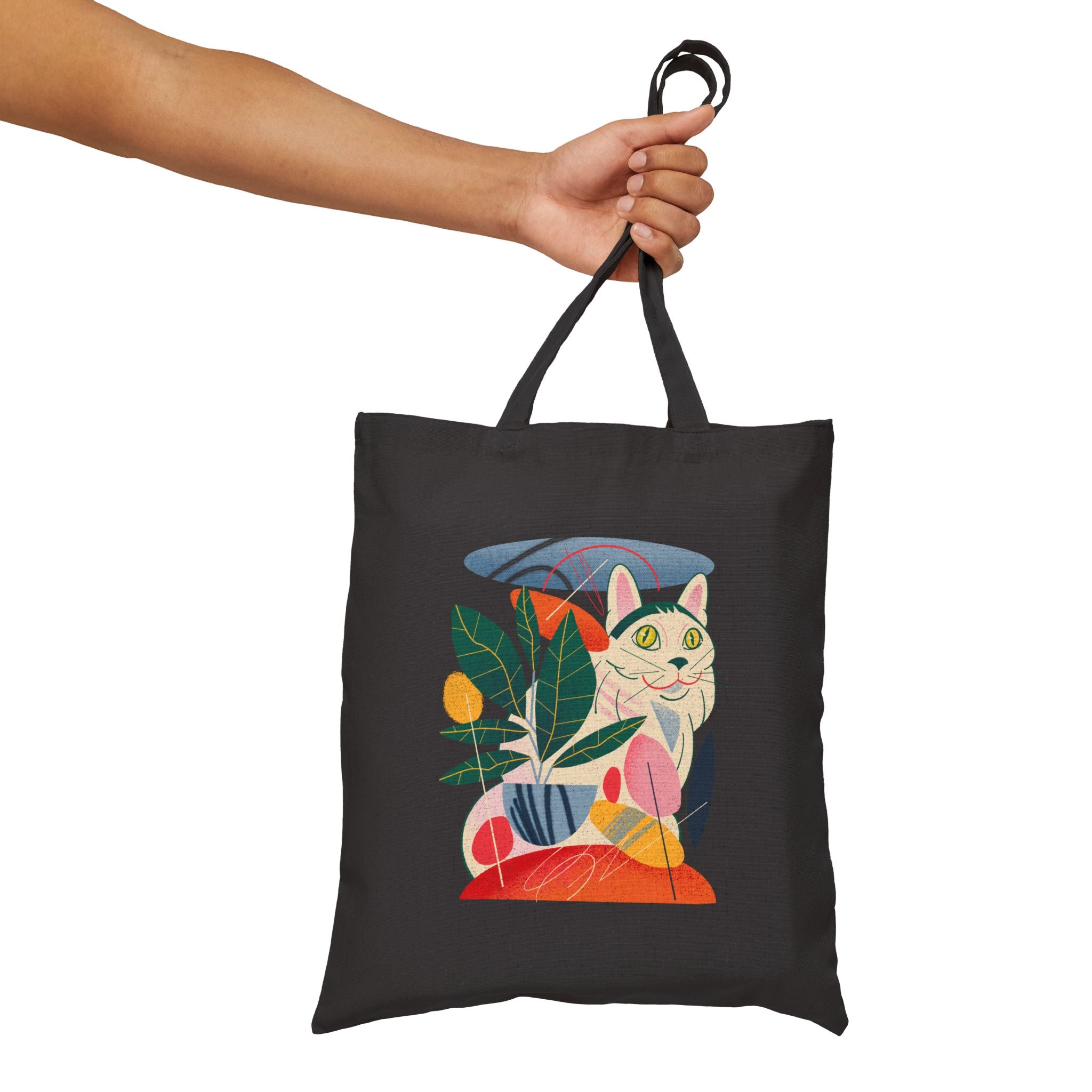 Kedi İllüstrasyonlu Gabardin Fermuarlı Tote Çanta | Günlük Kullanım Omuz Çantası