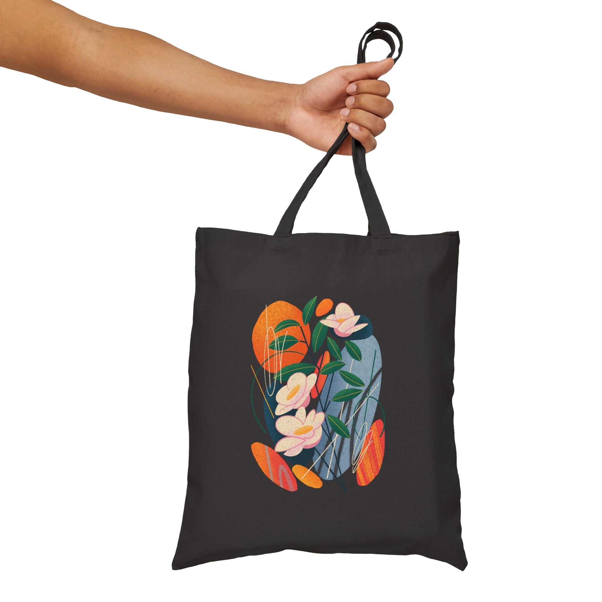 Çiçek ve Doğa Temalı Fermuarlı Gabardin Tote Çanta – Modern Floral Tasarım Omuz Çantası – Günlük Kullanım Bez Çanta