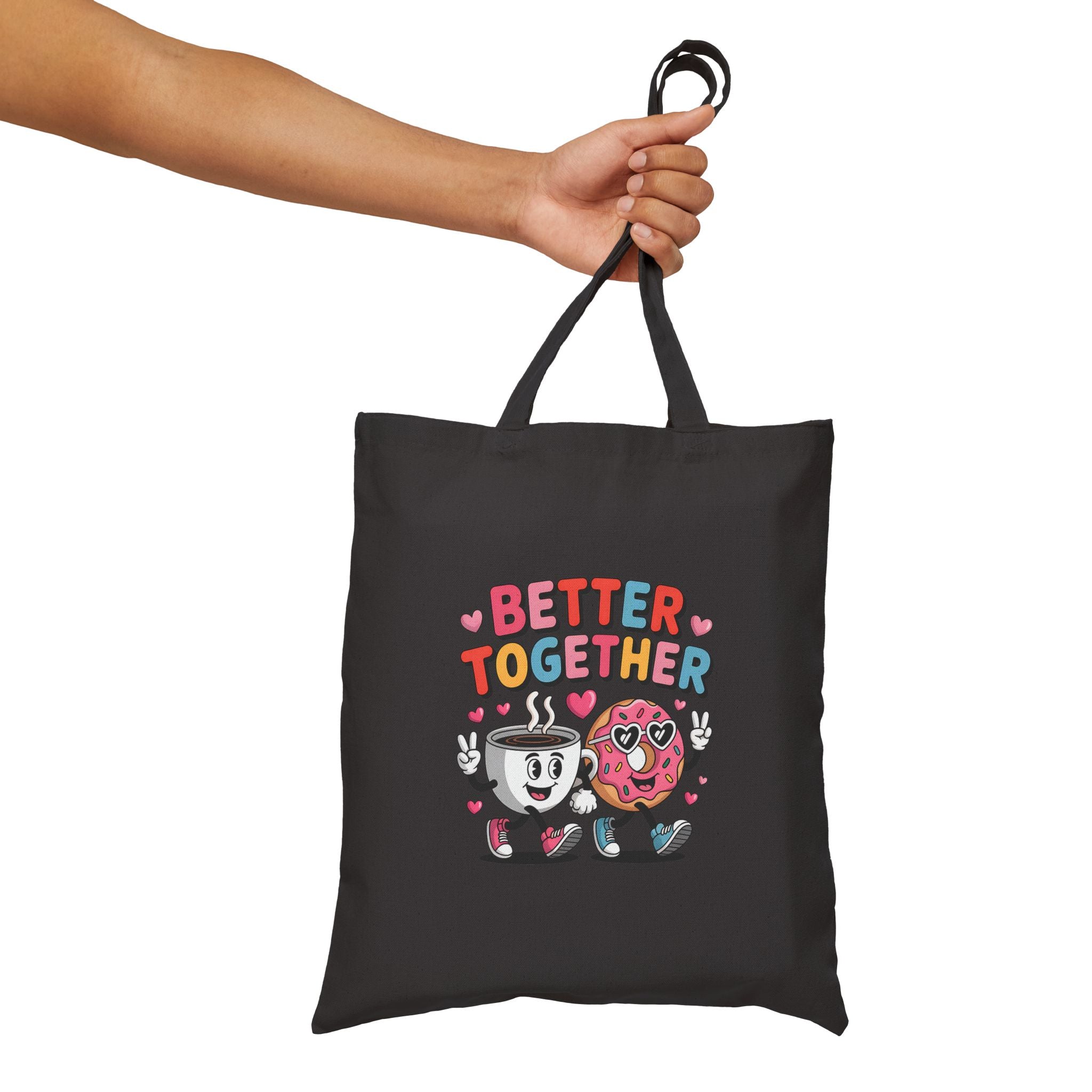 Better Together Fermuarlı Siyah Gabardin Tote Çanta – Sevimli Kahve & Donut Tasarımlı Bez Çanta