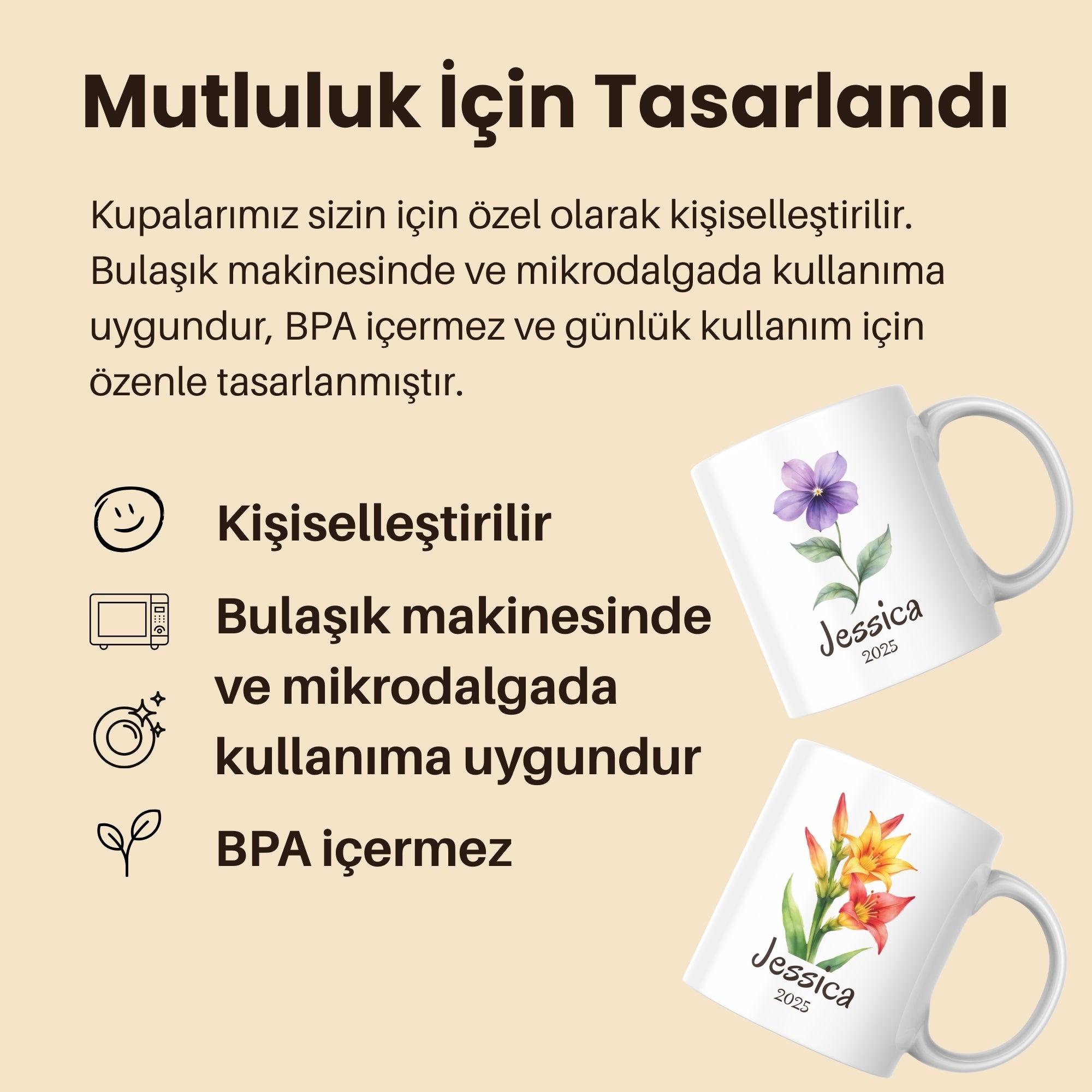 Kişiselleştirilebilir Çiçek Tasarımlı Porselen Kupa – 6 Tasarım Seçeneği