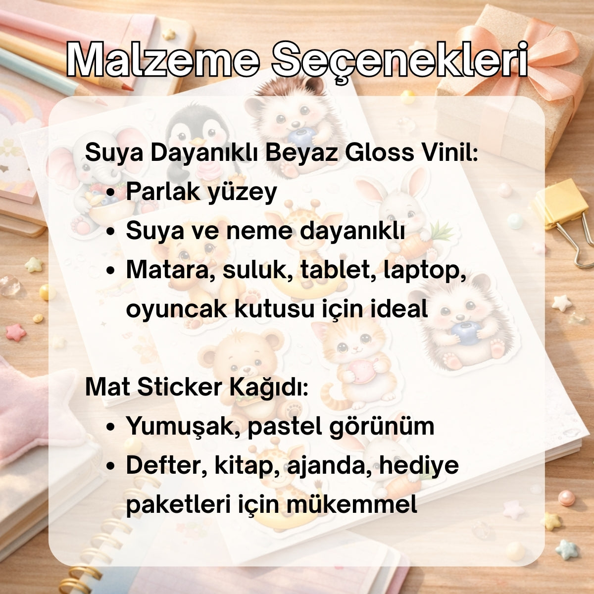 Sevimli Hayvanlar Sticker Seti - 2 Sayfa (12 Adet) | Suya Dayanıklı Vinil & Mat Sticker
