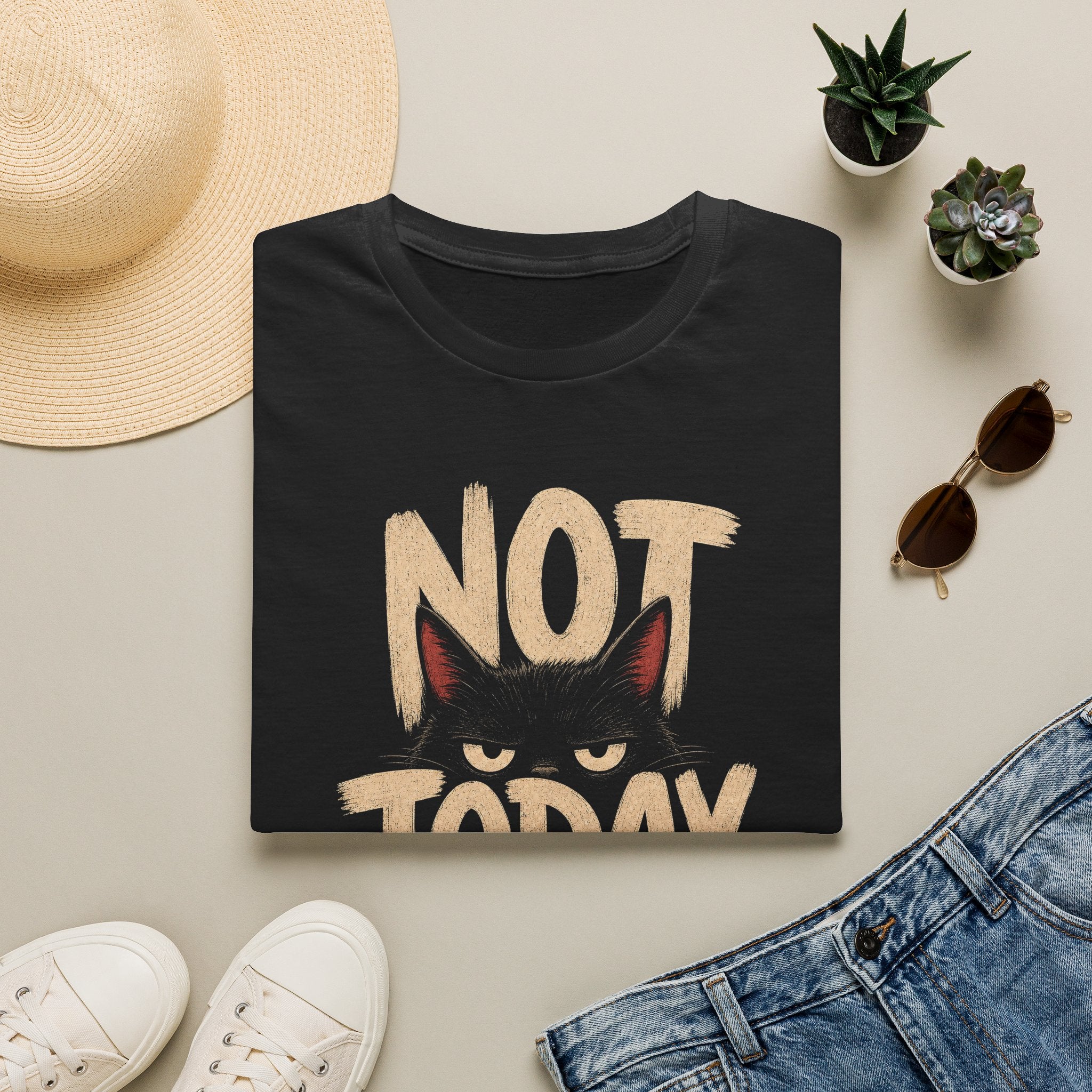 Not Today Kedi Baskılı Kadın Siyah Straight Fit Tişört