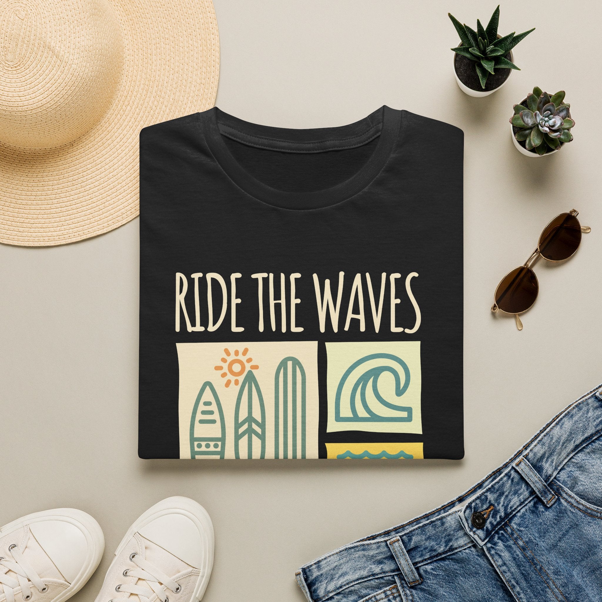 Ride The Waves Straight Fit Unisex Tişört – Retro Surf Temalı Yazlık Baskılı T-Shirt
