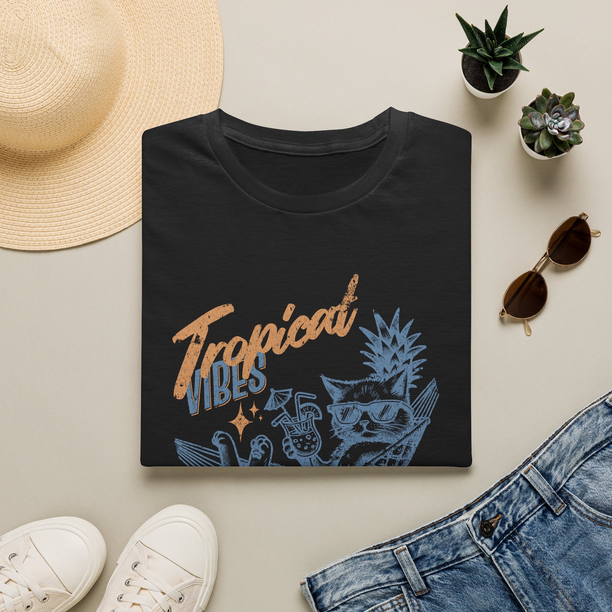 Tropicat Vibes Kadın Tişört – Yaz Temalı Kedi Baskılı Regular Fit Tişört