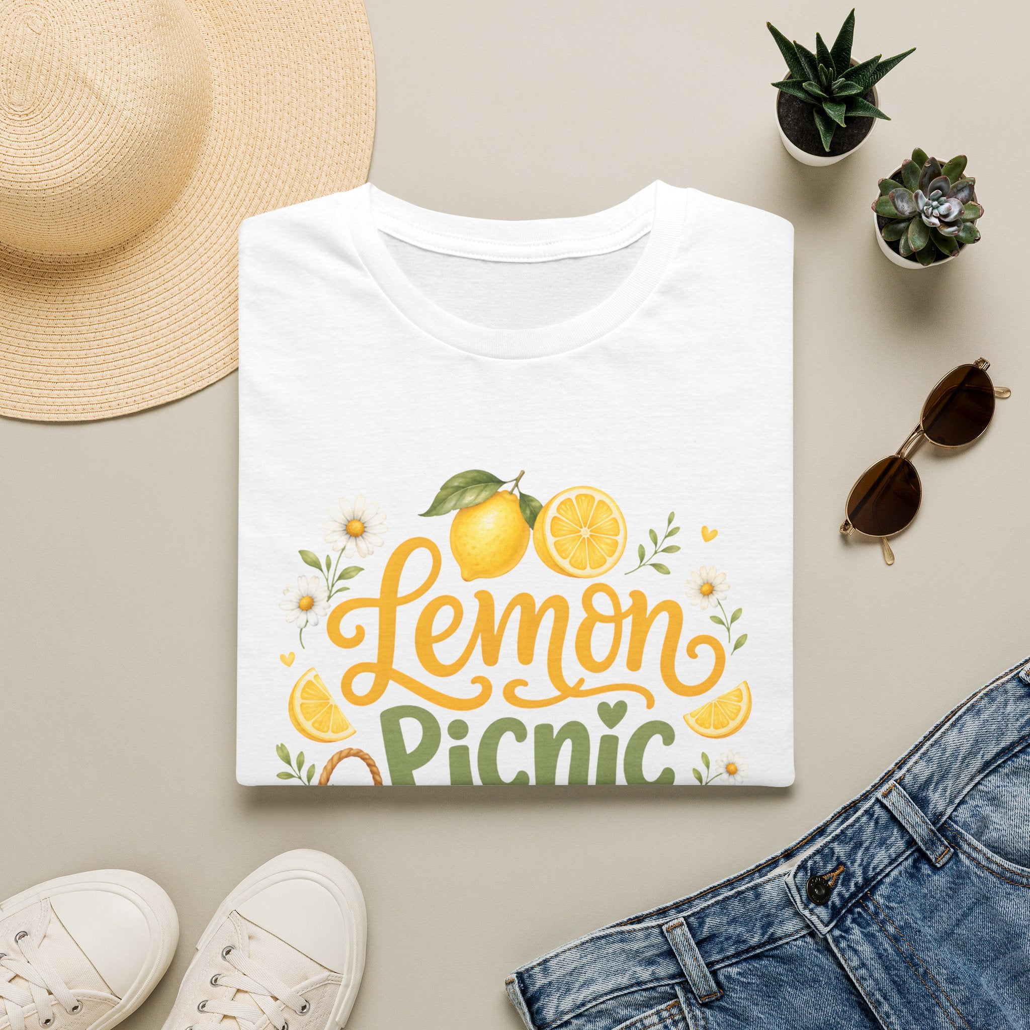 Lemon Picnic Kadın Tişört – Yaz Temalı Limon Baskılı Straight Fit Tişört