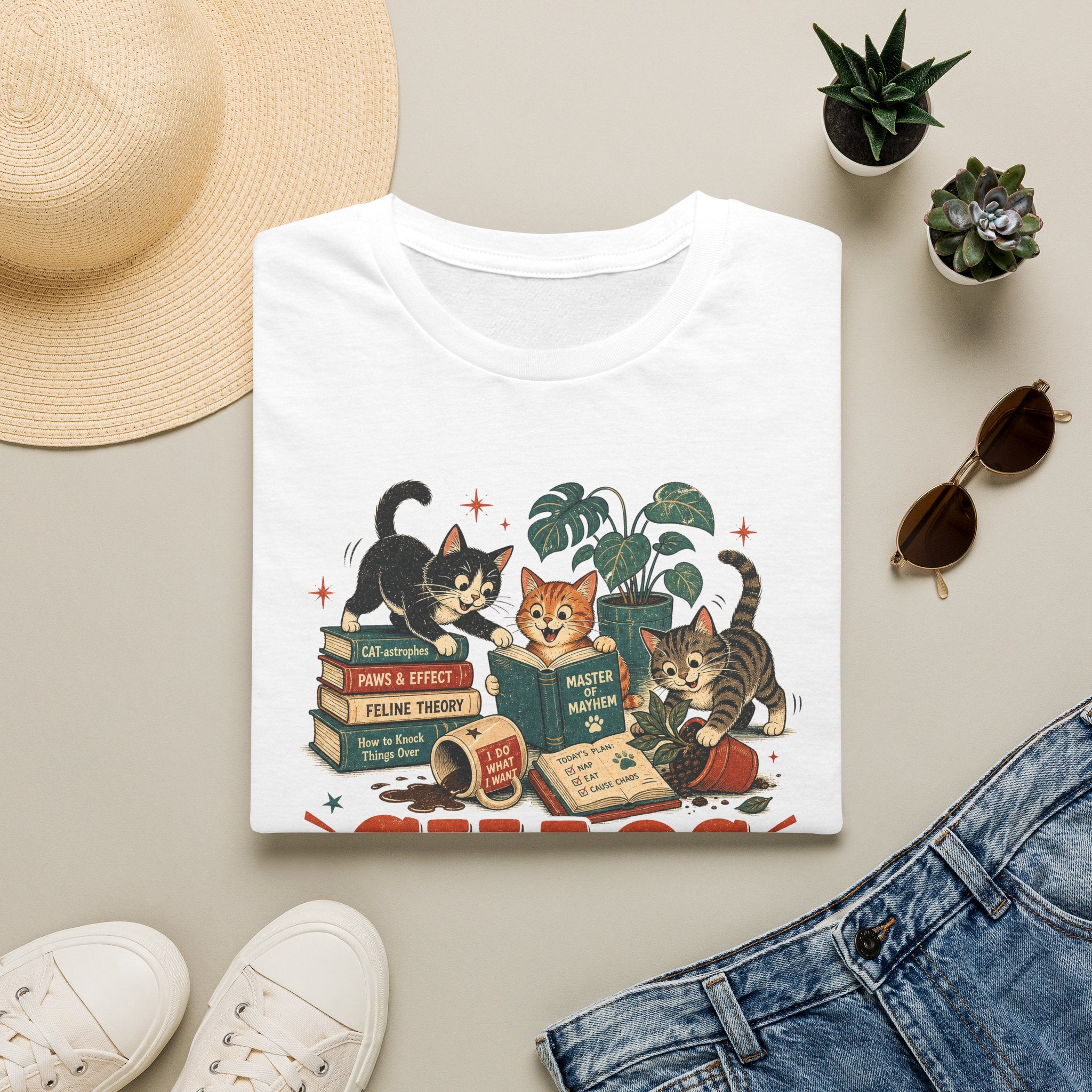 Chaos Coordinator Kedi Baskılı Kadın Straight Fit Beyaz Tişört
