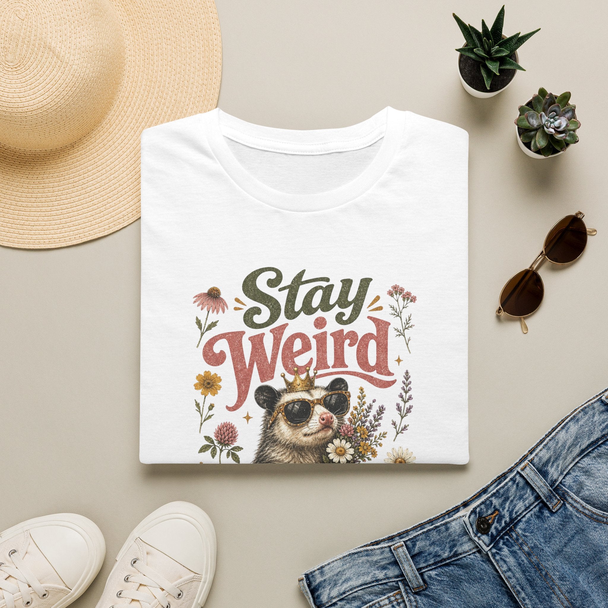 Stay Weird Straight Fit Kadın Tişört – Çiçekli Opossum Tasarımlı Baskılı Pamuk Tişört