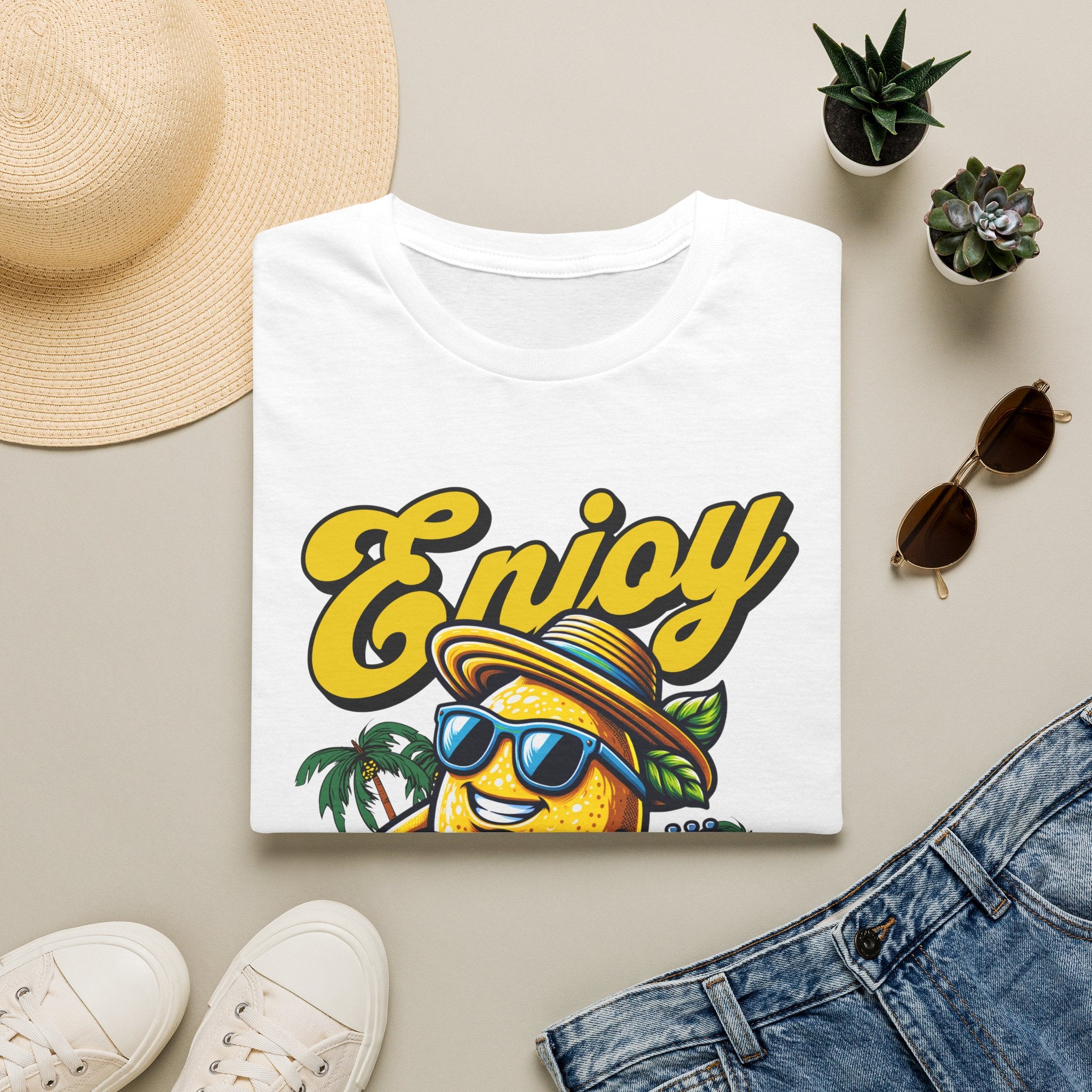 Enjoy The Summer Unisex Tişört – Yaz Temalı Eğlenceli Limon Tasarım Baskılı Tişört