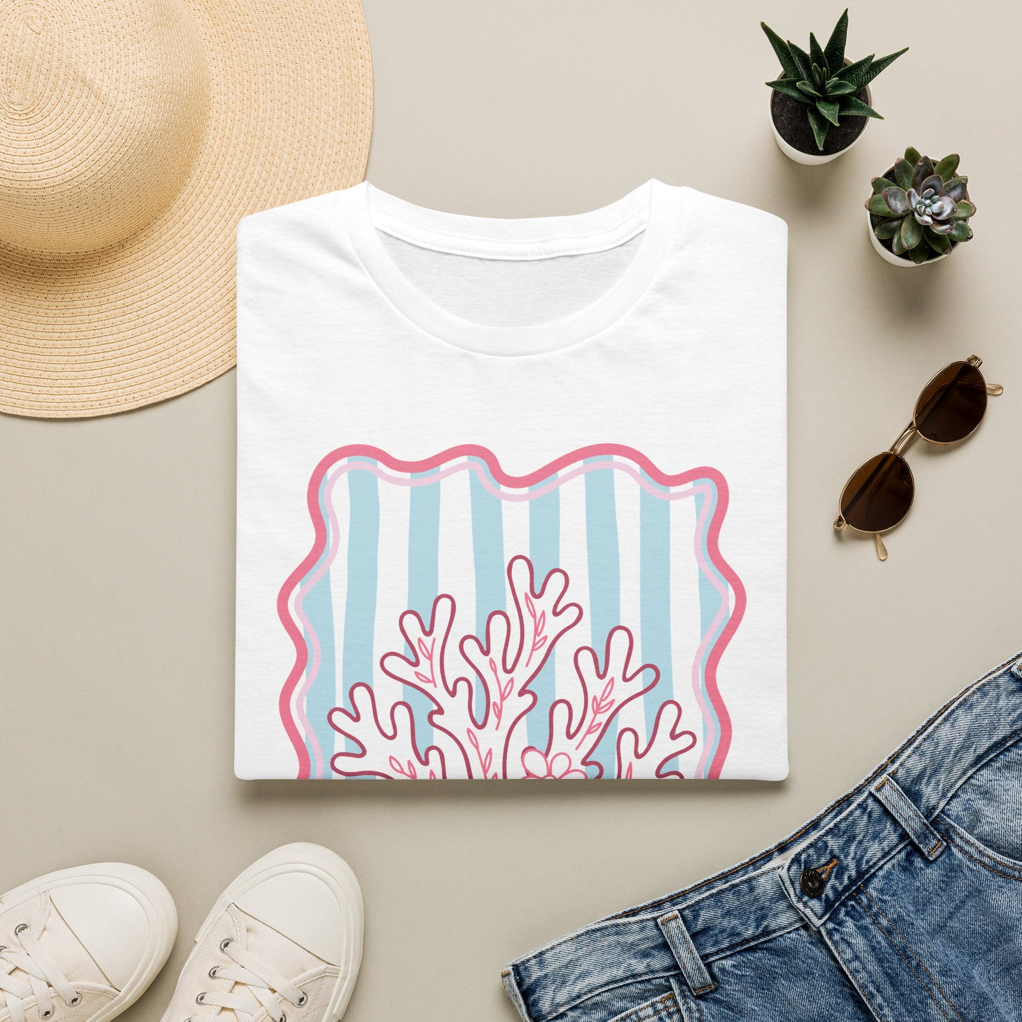 Pastel Coral Kadın Straight Fit Beyaz Tişört