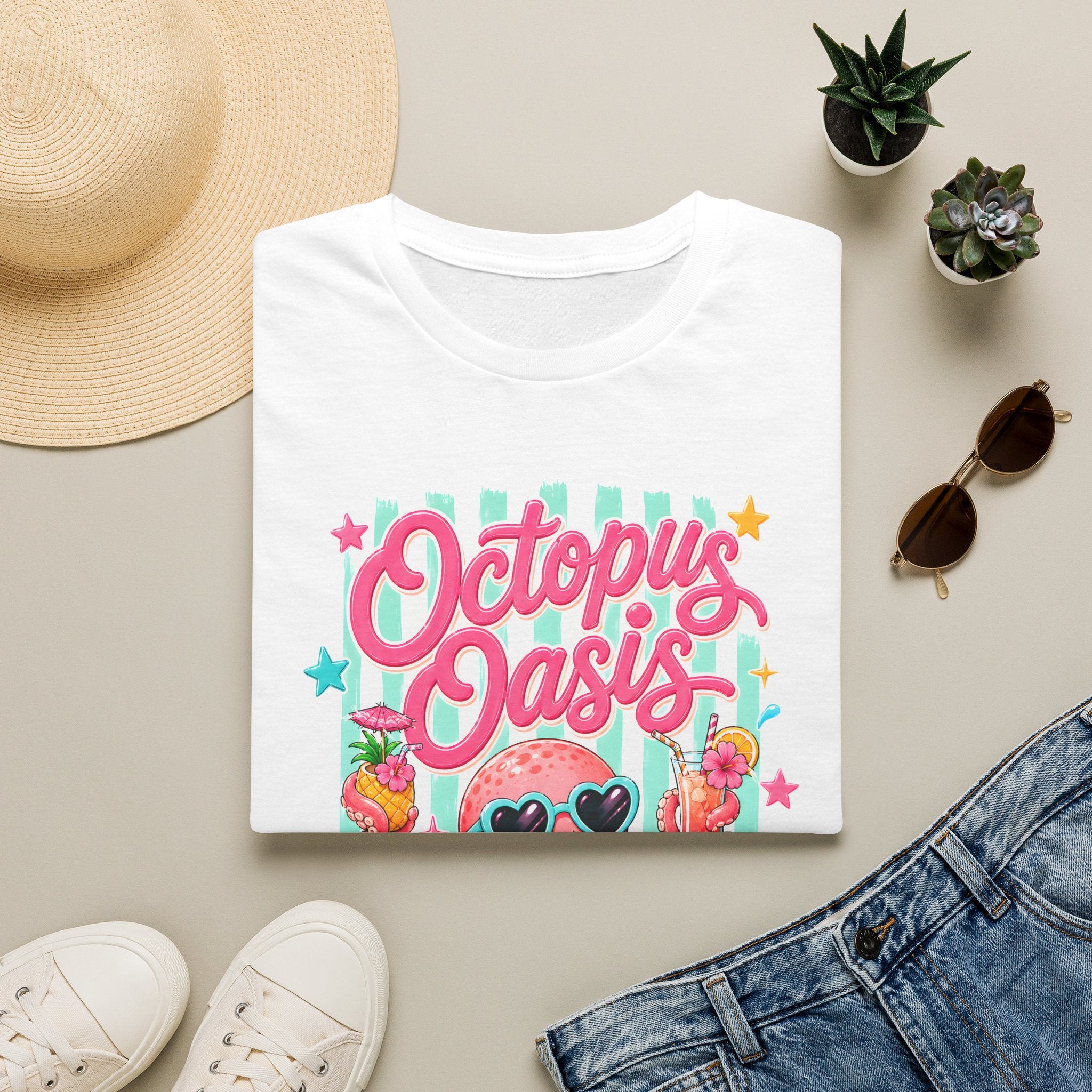 Octopus Oasis Baskılı Beyaz Straight Fit Kadın Tişört