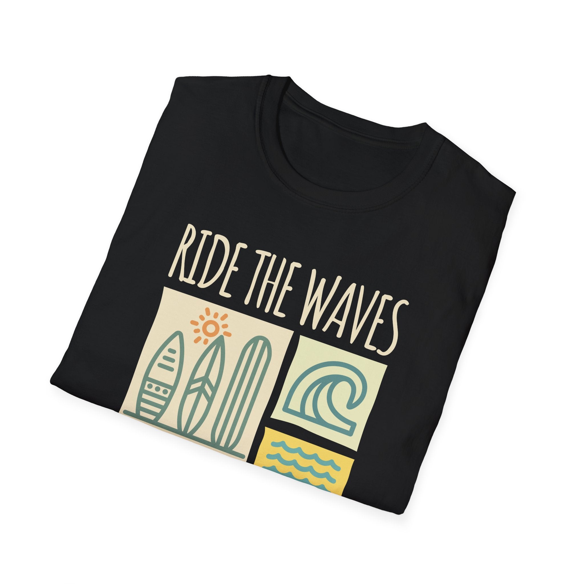 Ride The Waves Straight Fit Unisex Tişört – Retro Surf Temalı Yazlık Baskılı T-Shirt