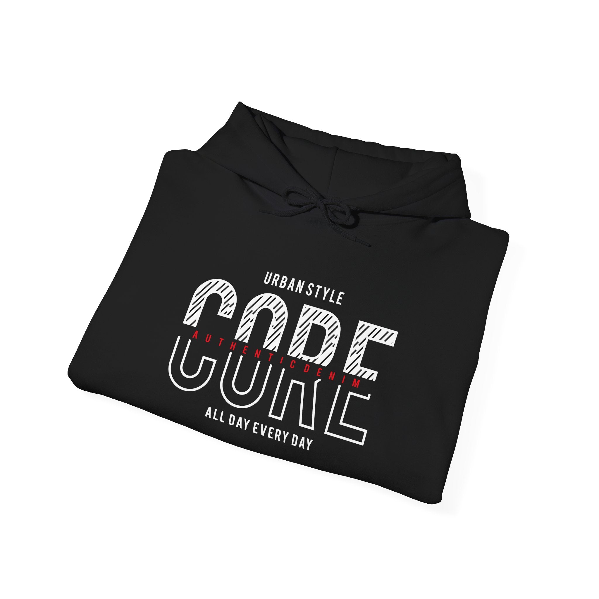 Core Baskılı Regular Fit Erkek Hoodie – Urban Style Siyah Kapüşonlu Sweatshirt