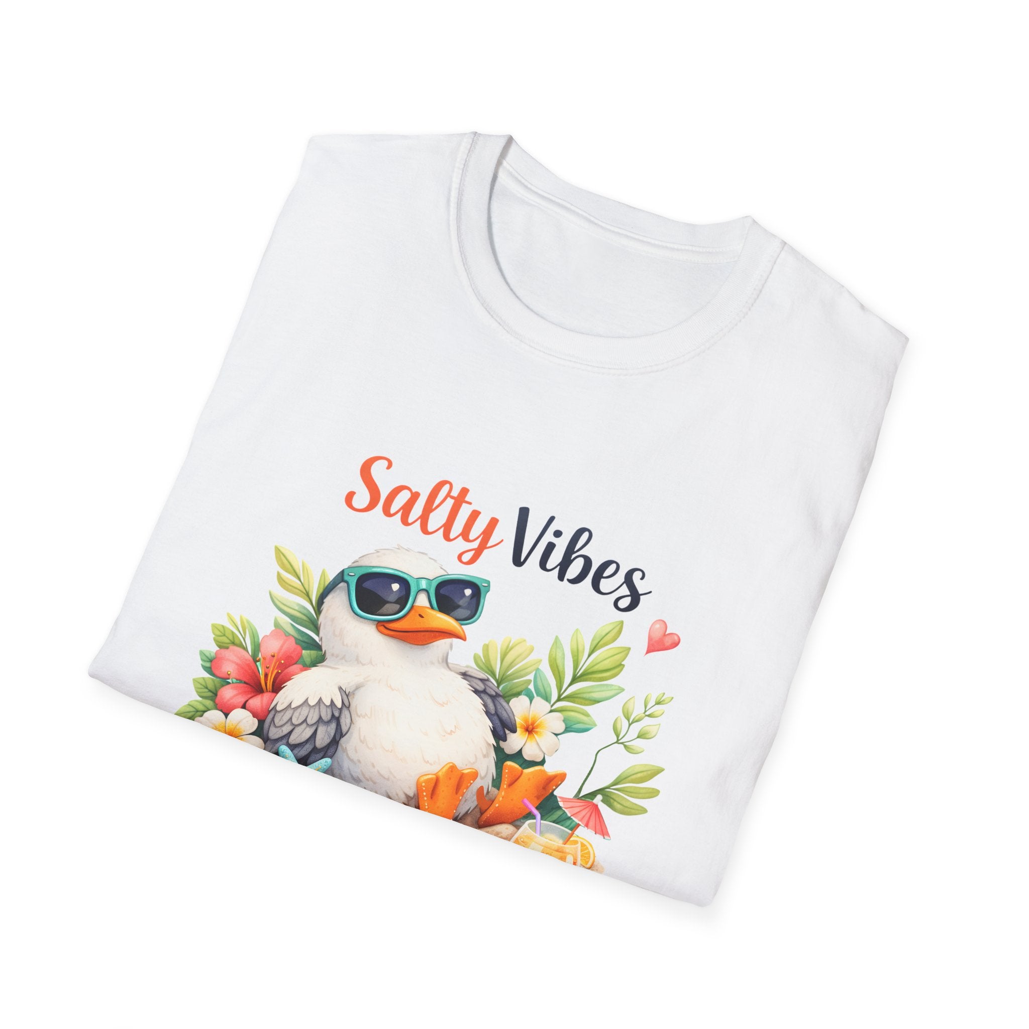 Salty Vibes Çocuk Baskılı Tişört – Yaz Temalı Sevimli Martı Desenli Beyaz Çocuk Tişörtü