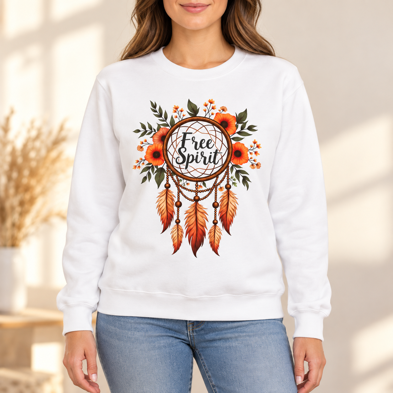 Free Spirit Çiçekli Düş Kapanı Baskılı Kadın Sweatshirt – Beyaz