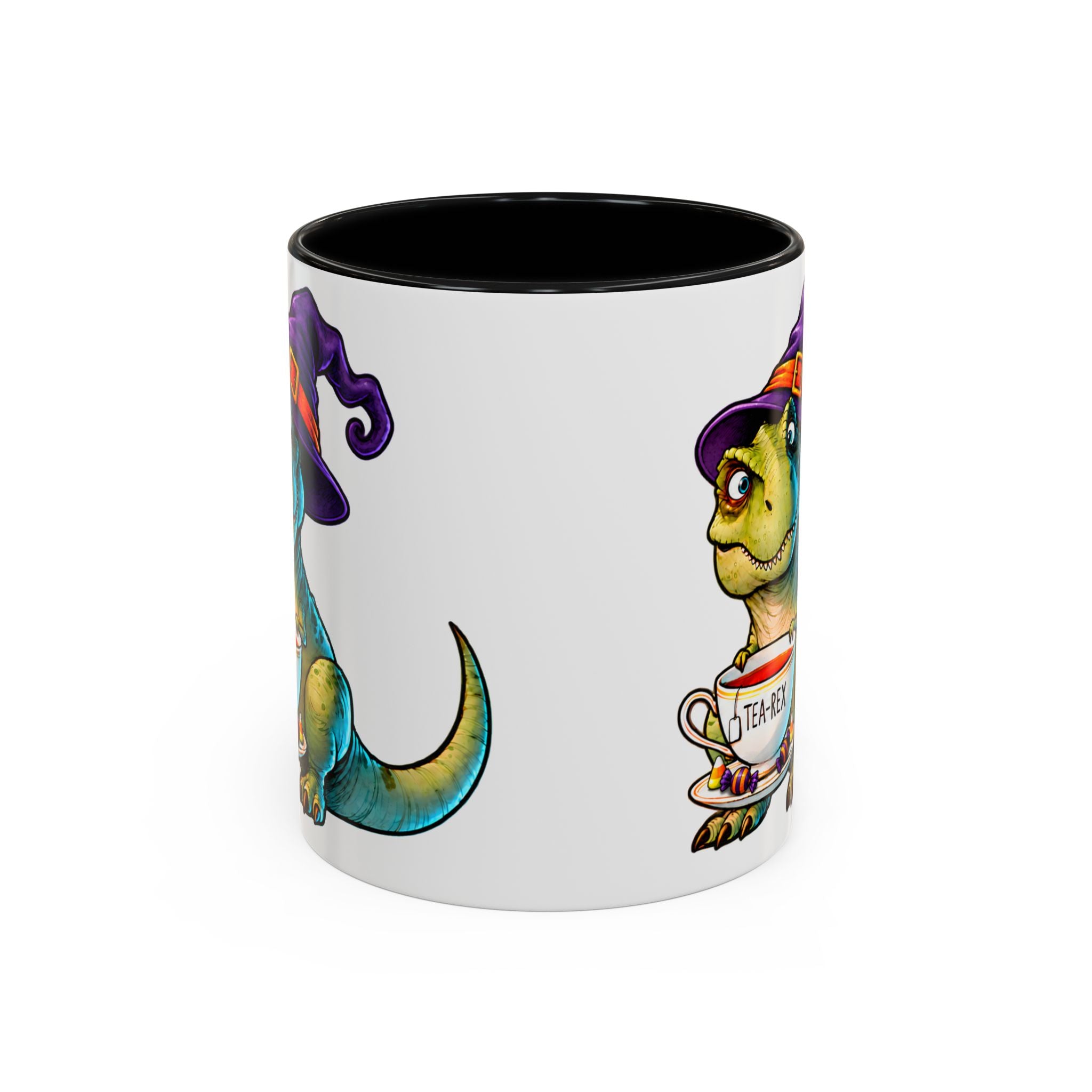 Cadı Şapkalı Tea-Rex Halloween Porselen Kupa – Siyah Kulplu, 11 oz