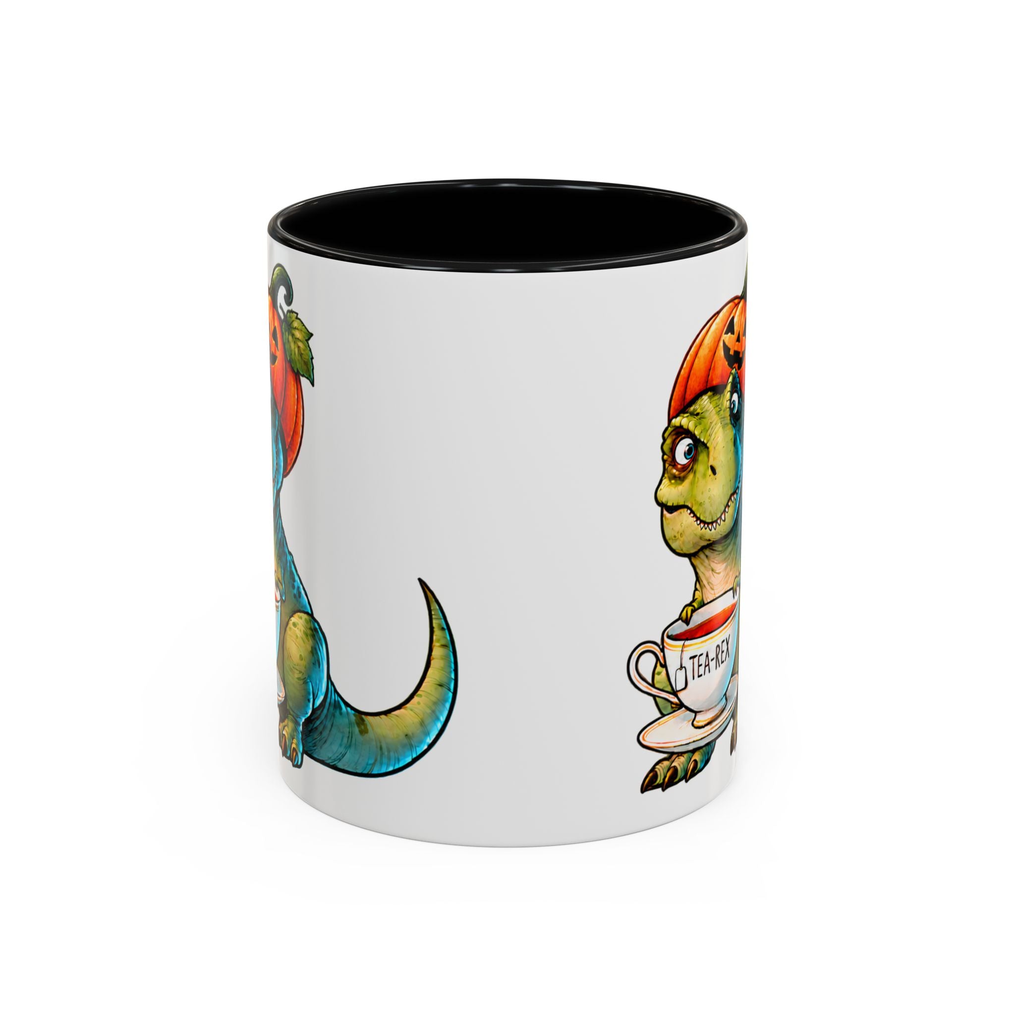 Balkabağı Şapkalı Tea-Rex Halloween Porselen Kupa – Siyah Kulplu, 11 oz