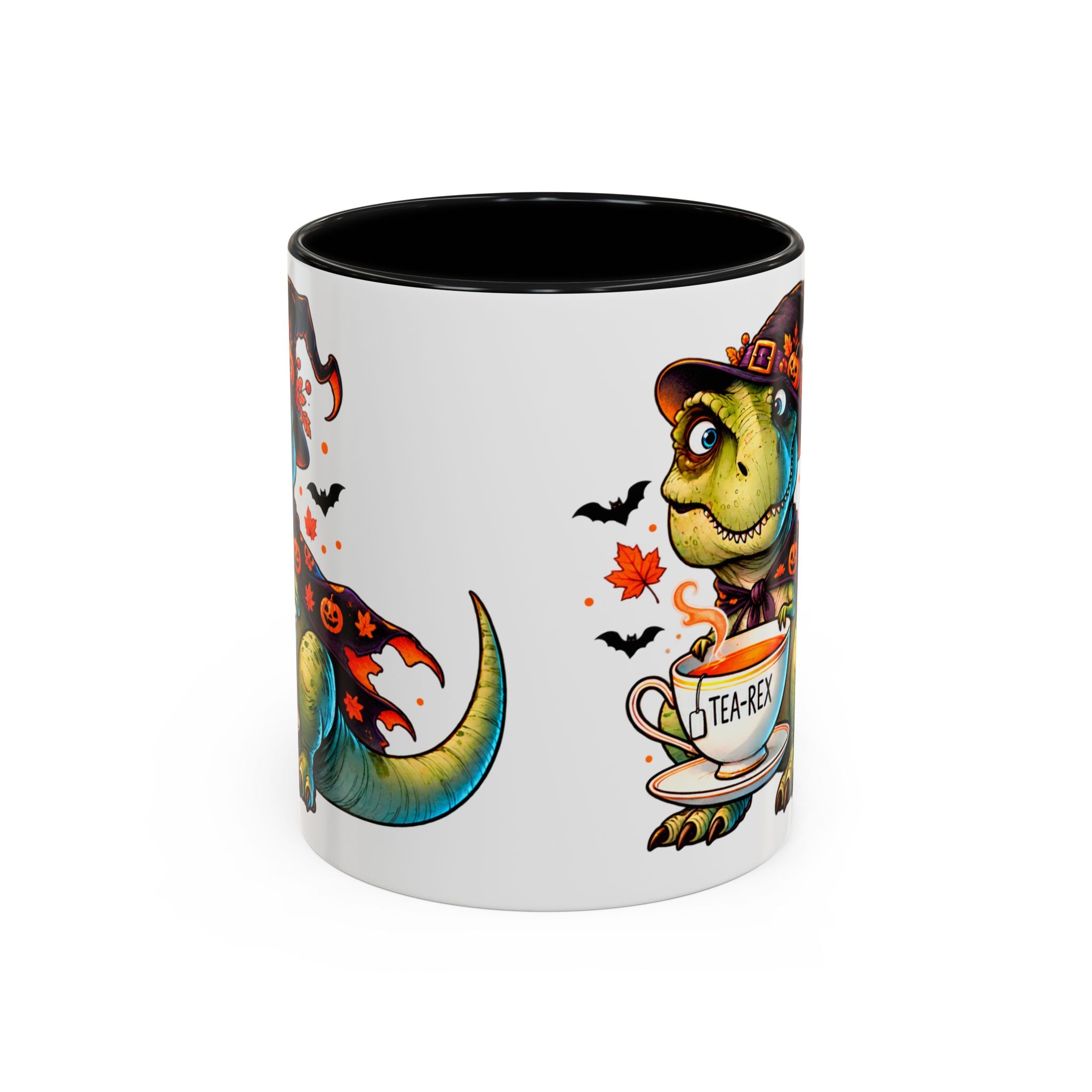Tea-Rex Cadı Halloween Dinozor Tasarımlı Porselen Kupa – Siyah İç & Kulplu 11 oz