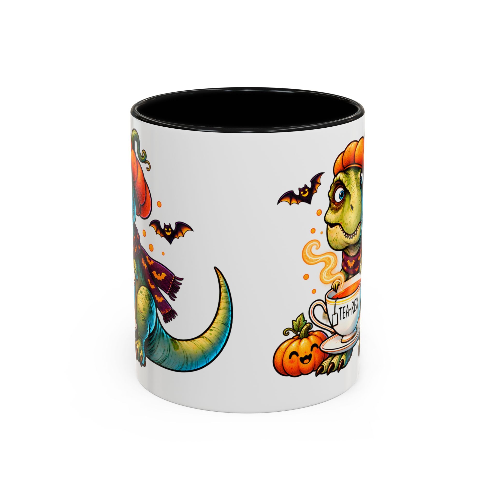 Tea-Rex Halloween Tasarımlı Porselen Kupa – Siyah İç & Kulplu 11 oz