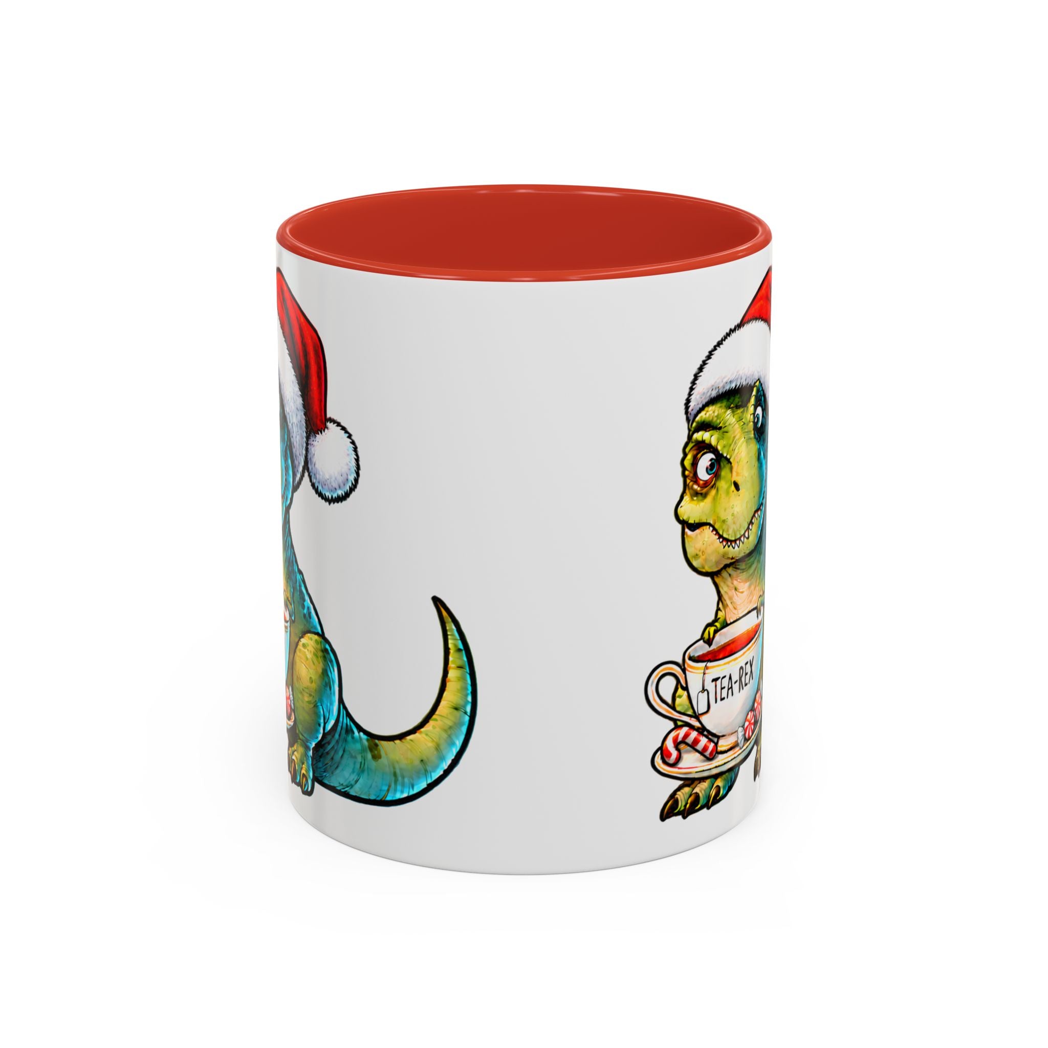 Noel Şapkalı Tea-Rex Porselen Kupa – Kırmızı Kulplu, 11 oz