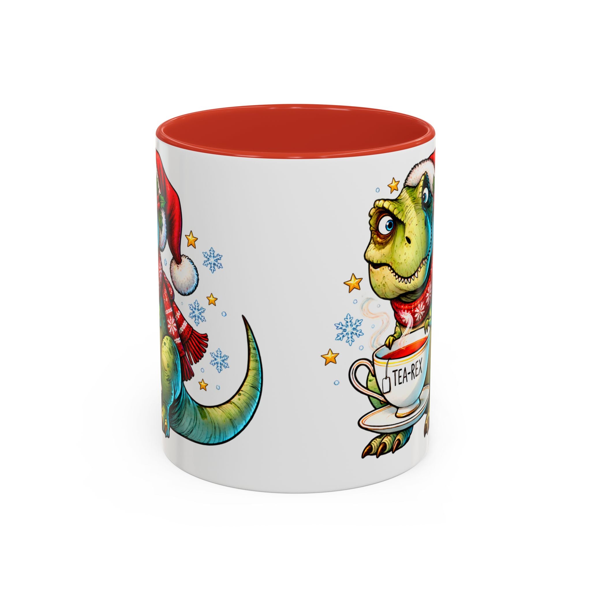 Tea-Rex Christmas Dinozor Tasarımlı Porselen Kupa – Kırmızı İç & Kulplu 11 oz