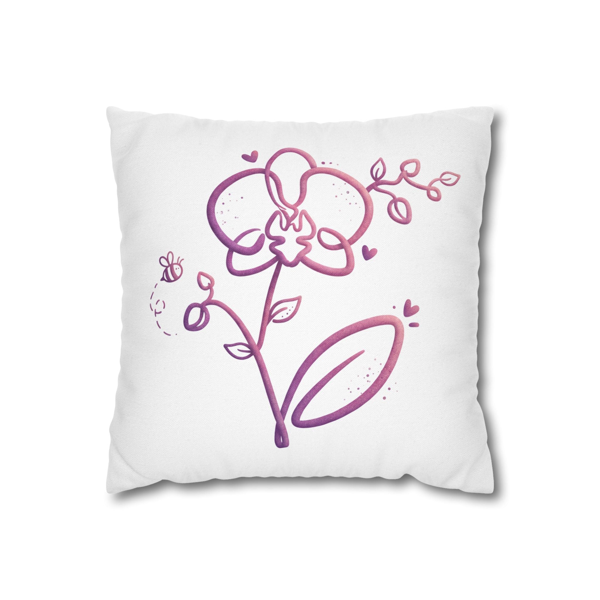 Arı ve Orkide Desenli Ham Bez Yastık Kılıfı | 43 × 43 cm