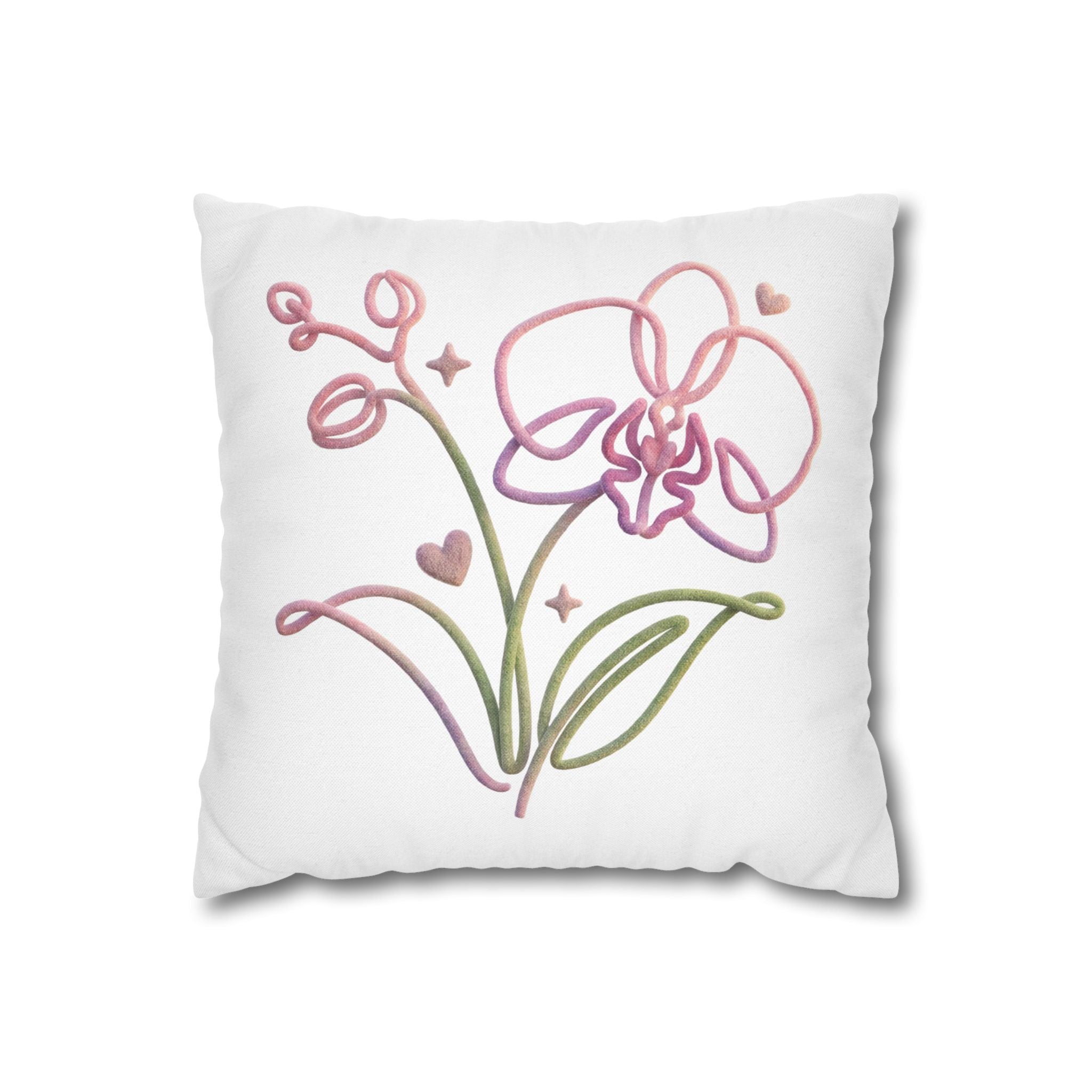 Orkide Çizim Desenli Ham Bez Yastık Kılıfı | 43 × 43 cm