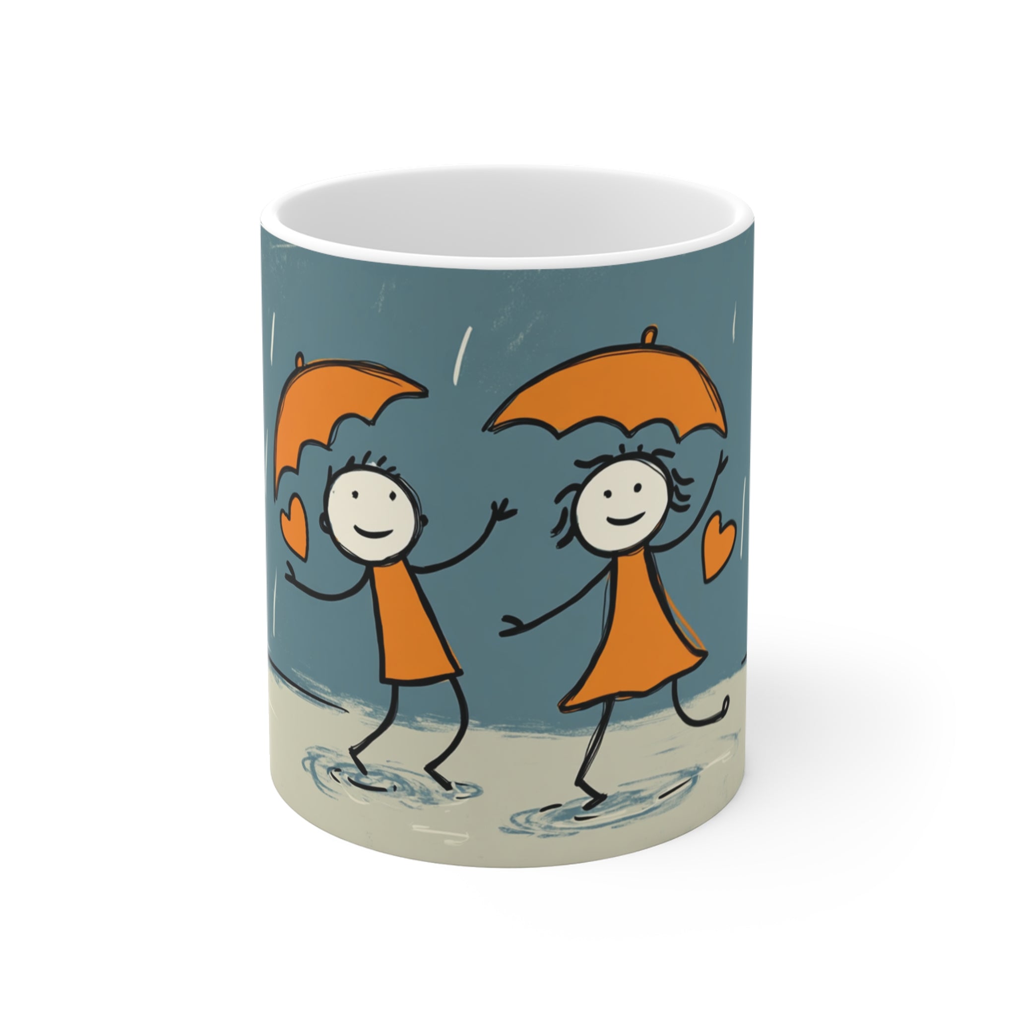 Şemsiyeli Çocuklar Desenli Kupa – Yağmurda Mutluluk Temalı Porselen Kupa