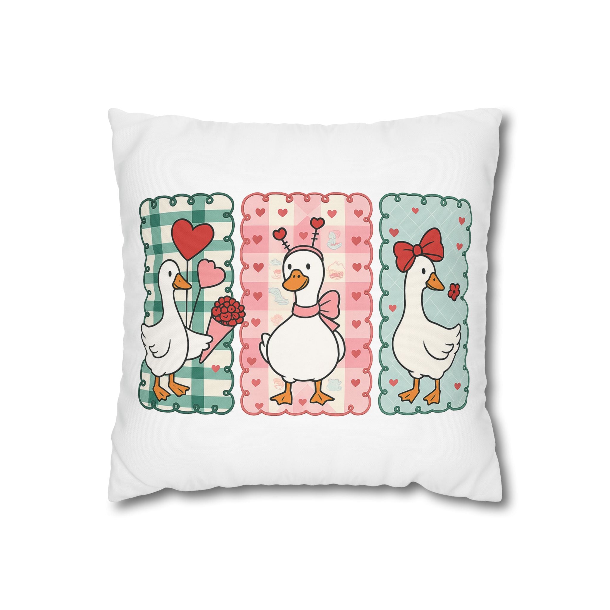 Sevimli Kazlar – Kalpli Desenli Kanvas Yastık Kılıfı