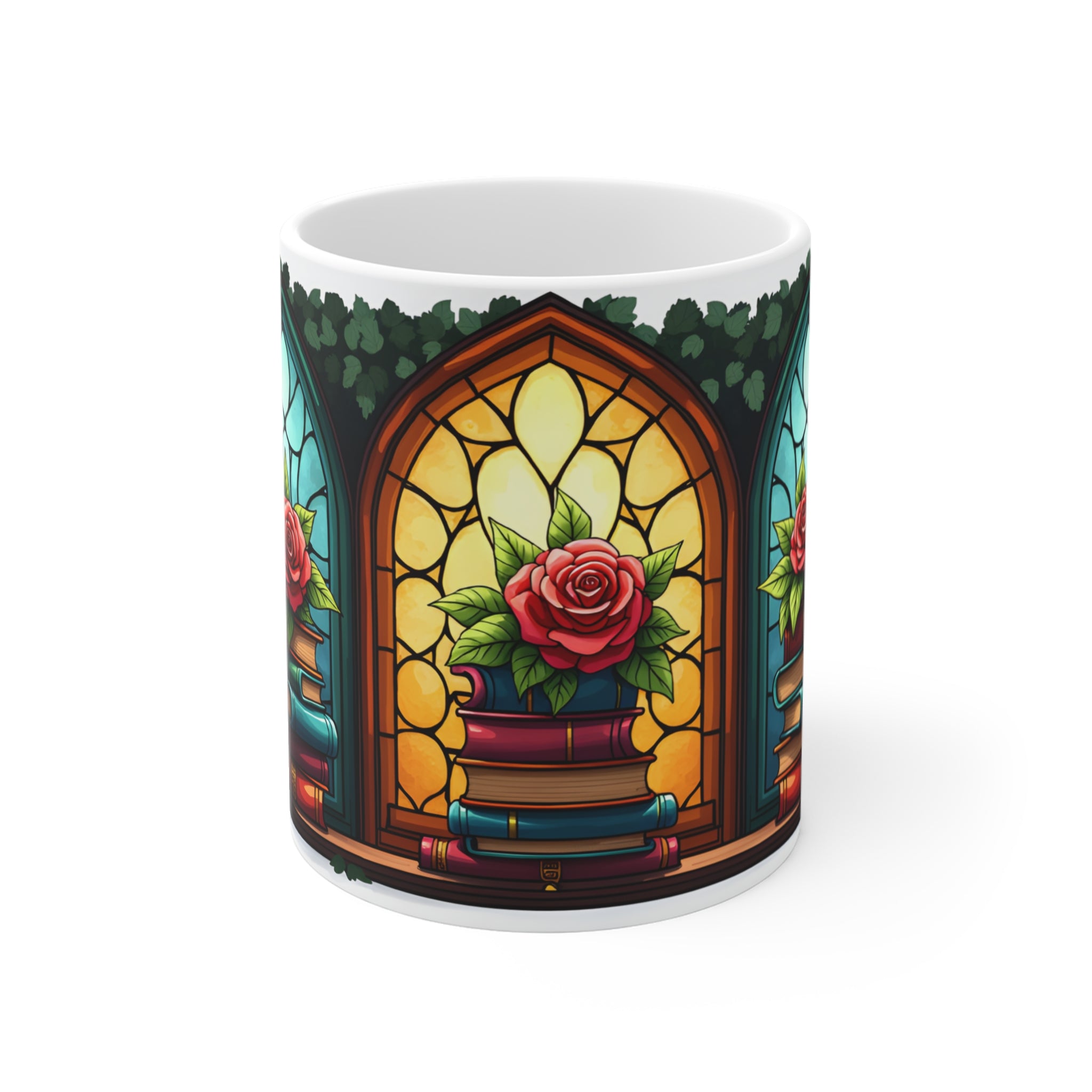 Stained Glass Kitap & Gül Desenli Porselen Kupa – Book Lover Kahve Kupası