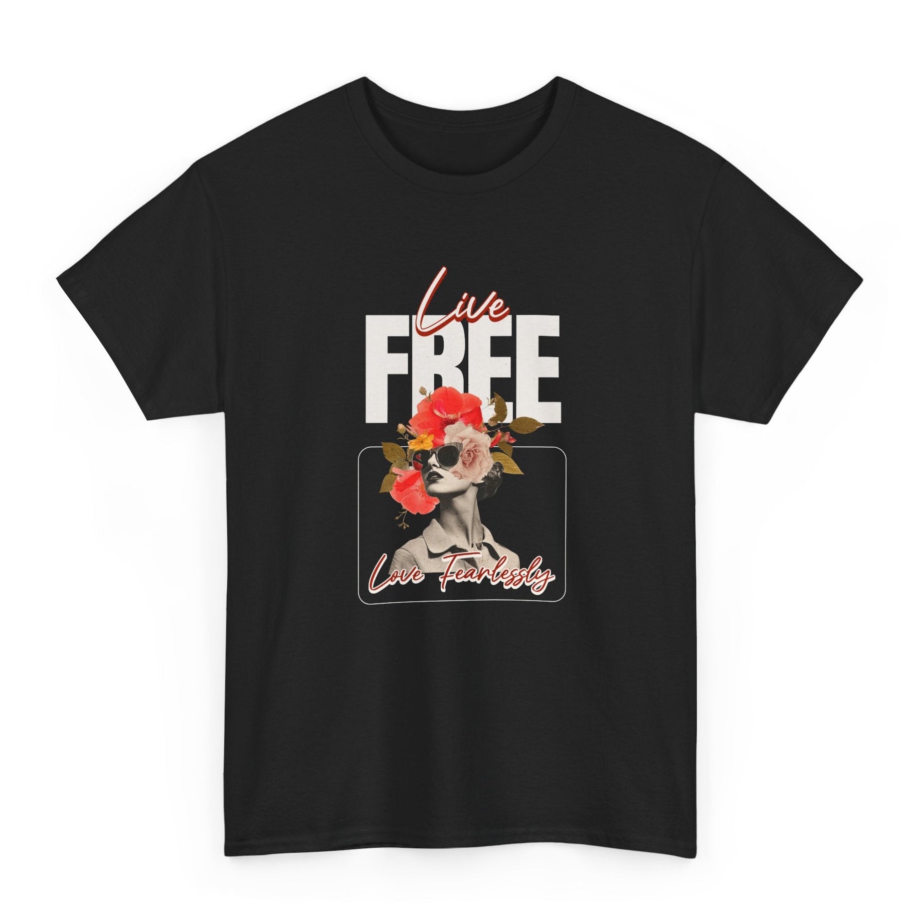 Live Free Love Fearlessly Kadın Tişört – Vintage Çiçek Kolaj Tasarımlı Regular Fit T-Shirt