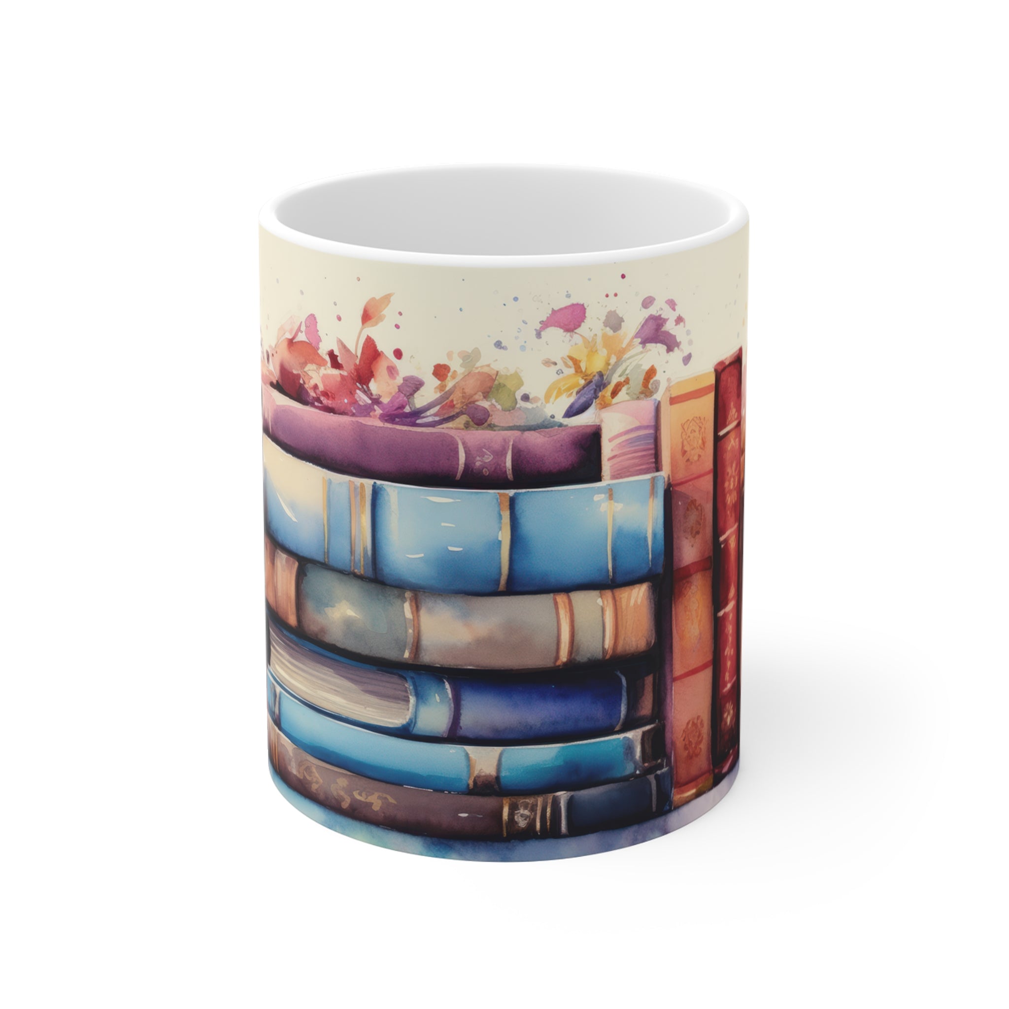 “Colorful Bookshelf” Porselen Kupa – Kitap Severlere Özel Sanatsal Tasarım