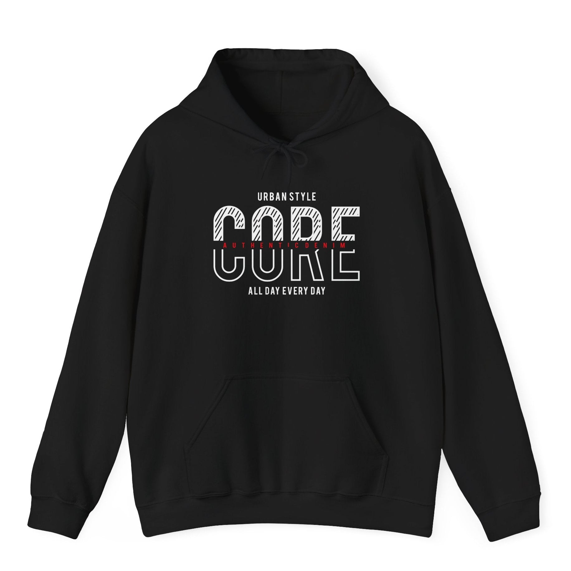 Core Baskılı Regular Fit Erkek Hoodie – Urban Style Siyah Kapüşonlu Sweatshirt