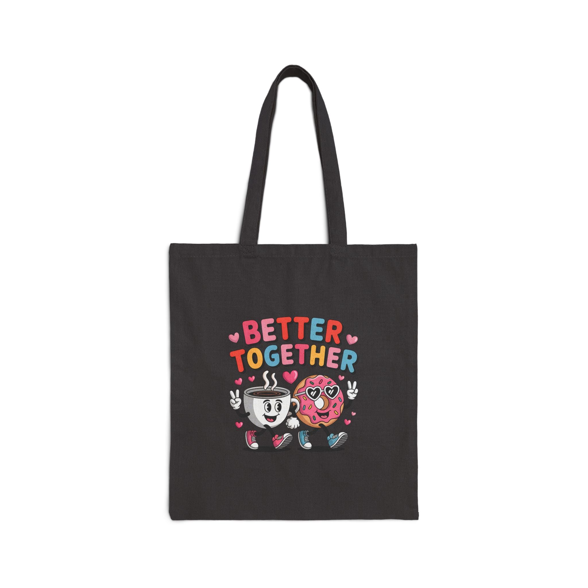 Better Together Fermuarlı Siyah Gabardin Tote Çanta – Sevimli Kahve & Donut Tasarımlı Bez Çanta