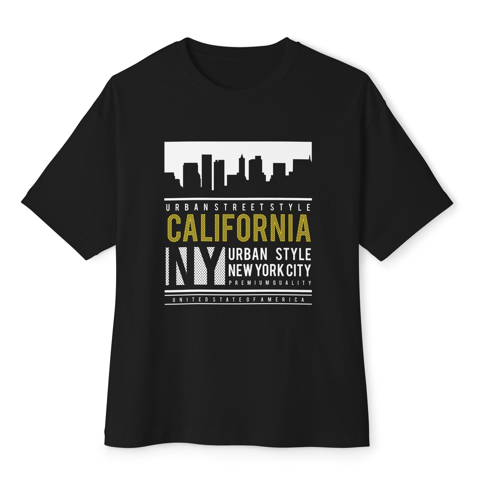 Oversize Siyah Tişört – California NY Urban Street Style Baskılı Unisex T-Shirt