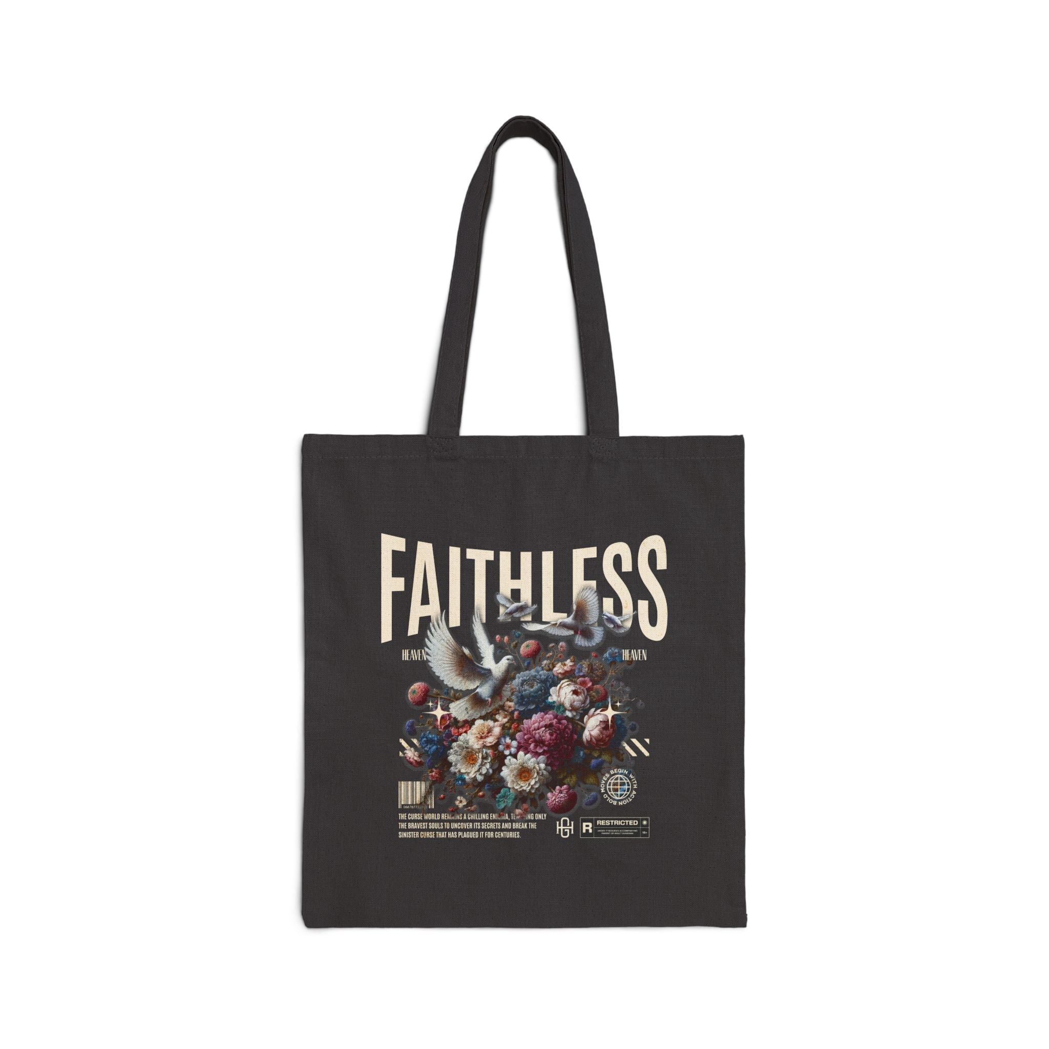 Faithless Çiçek ve Güvercin Baskılı Siyah Fermuarlı Gabardin Tote Çanta