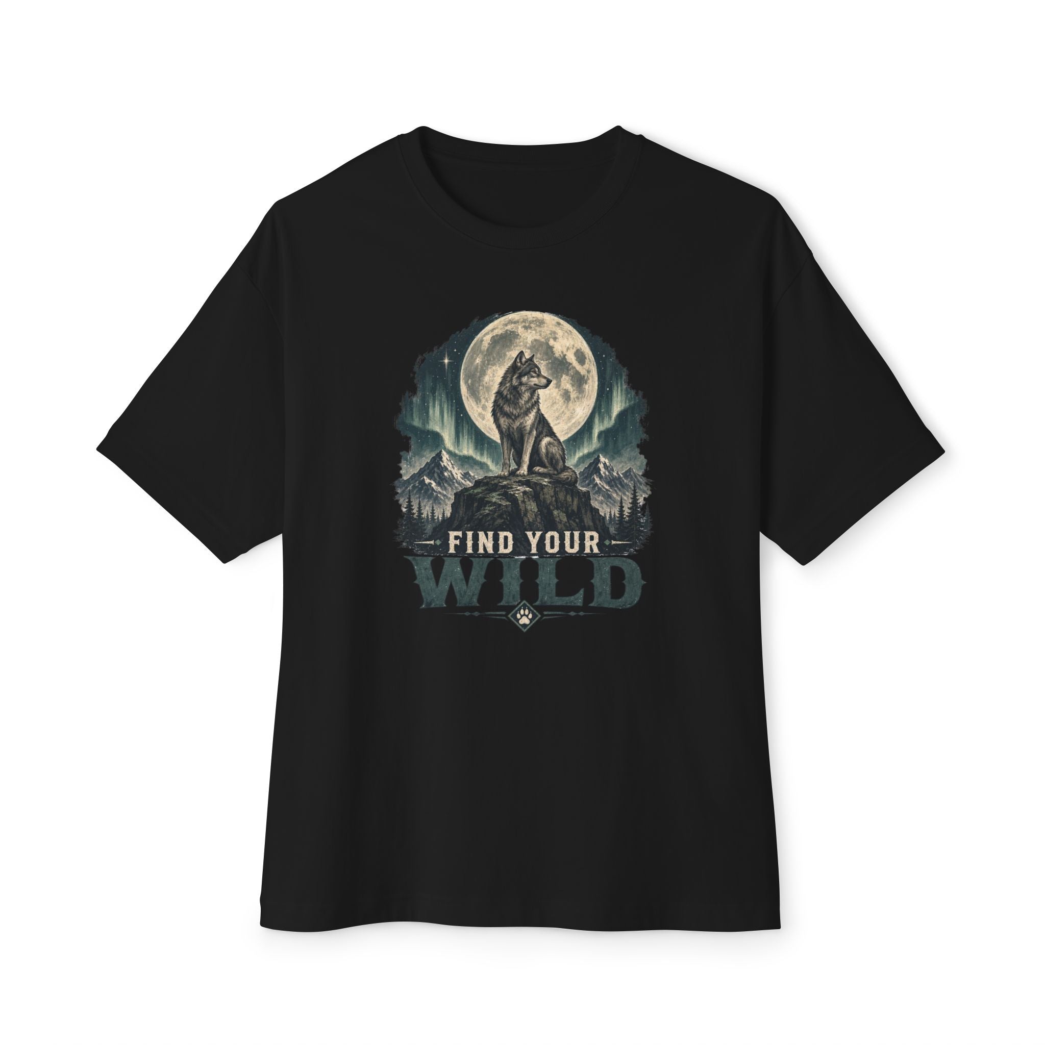 Find Your Wild Oversize Erkek Tişört – Kurt ve Dolunay Baskılı Oversize Pamuk Tişört