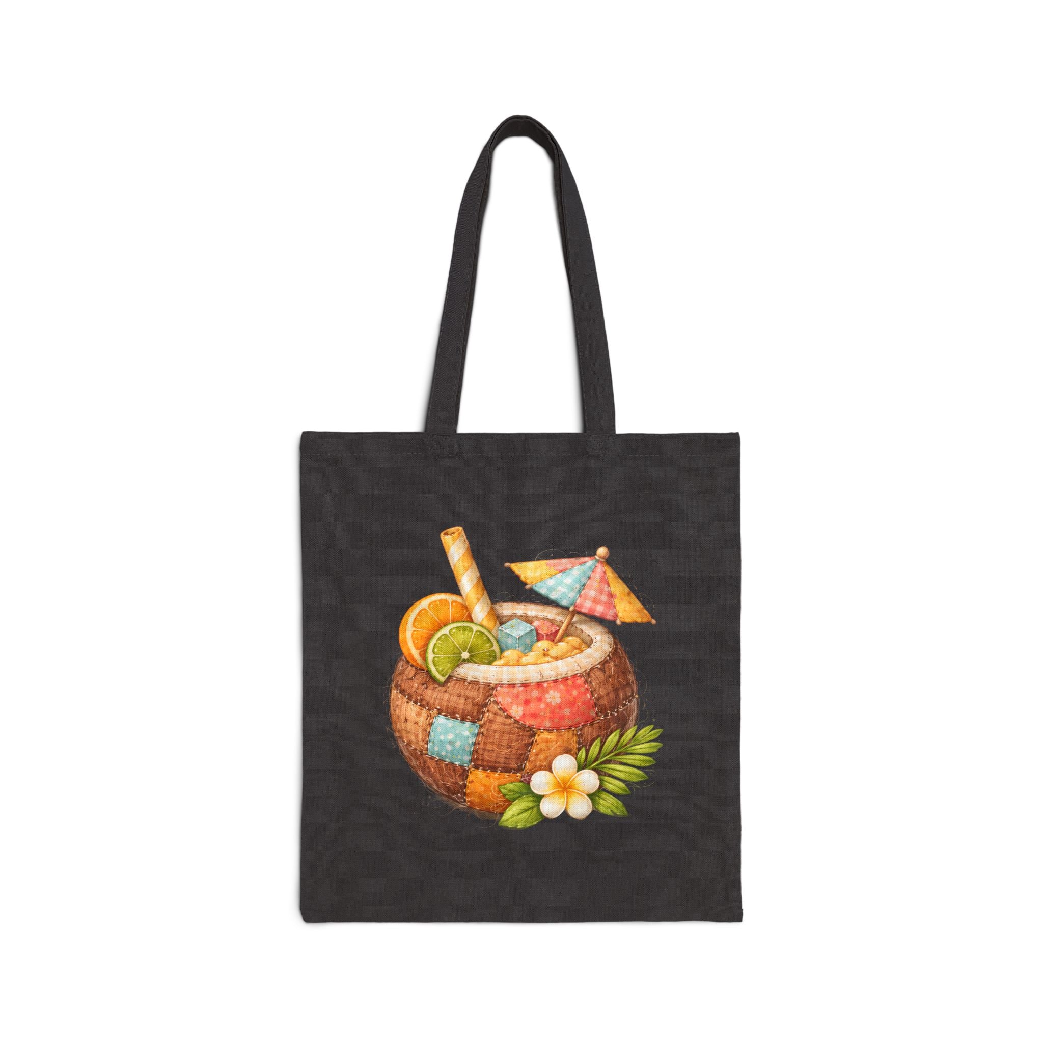 Tropical Coconut Fermuarlı Bez Çanta – Yaz Temalı Gabardin & Ham Bez Tote Bag