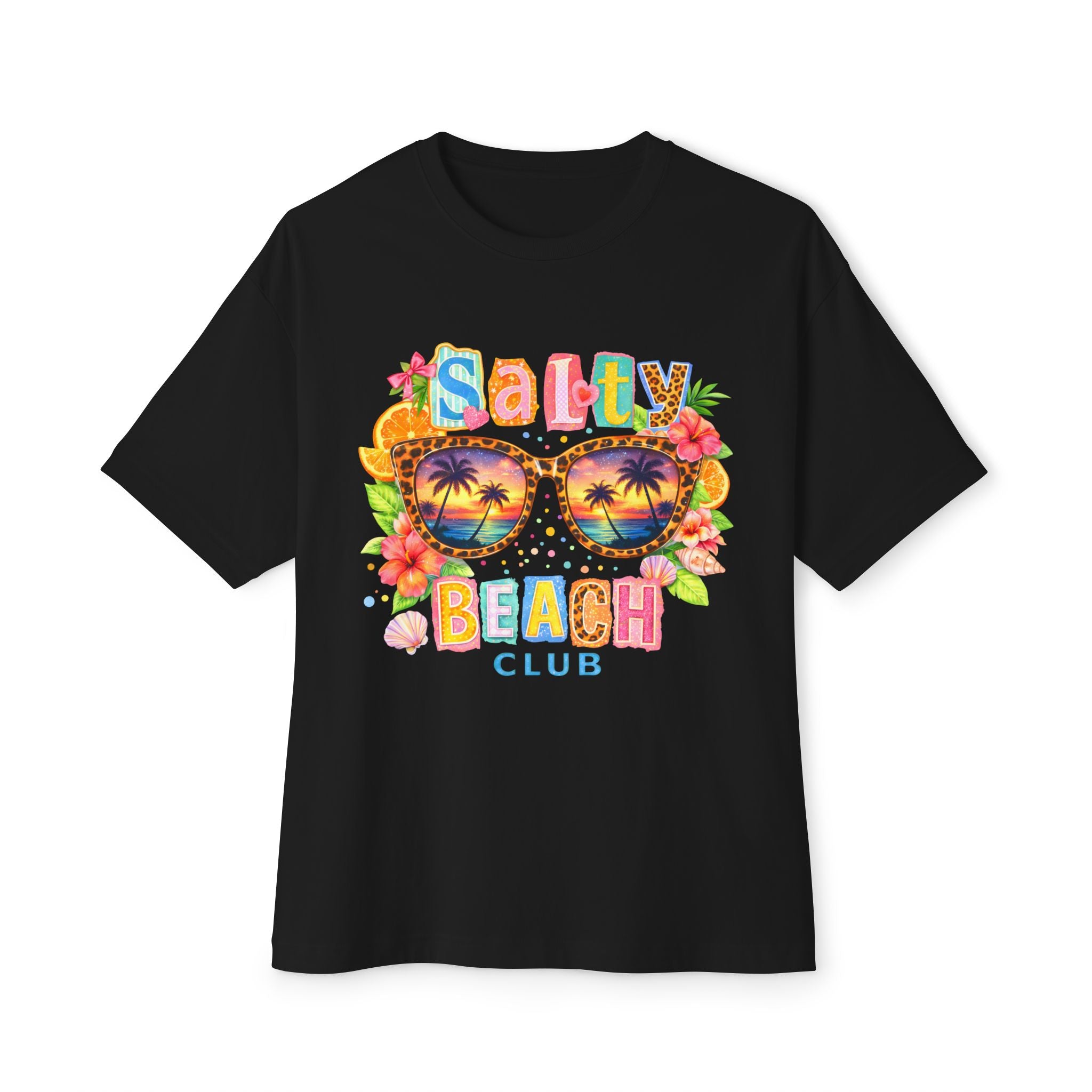 Salty Beach Club Oversize Kadın Tişört – Yaz Temalı Renkli Grafik T-Shirt