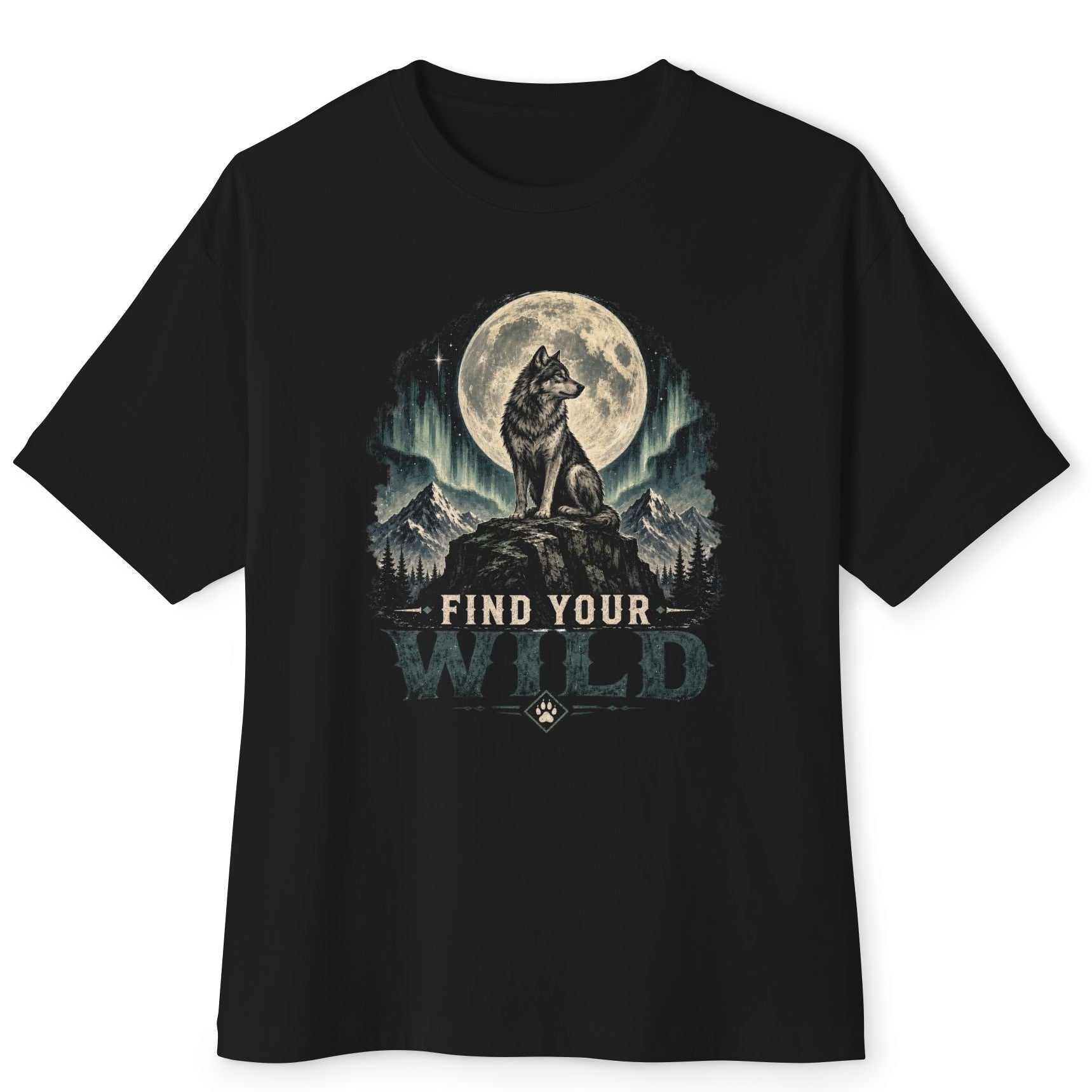 Find Your Wild Oversize Erkek Tişört – Kurt ve Dolunay Baskılı Oversize Pamuk Tişört