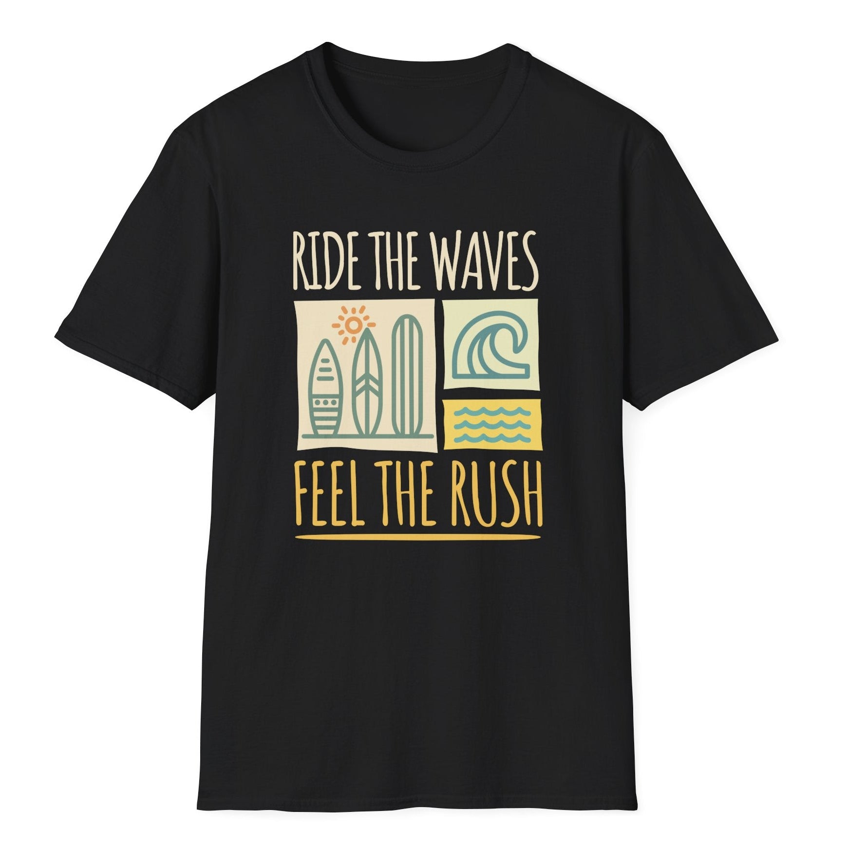 Ride The Waves Straight Fit Unisex Tişört – Retro Surf Temalı Yazlık Baskılı T-Shirt