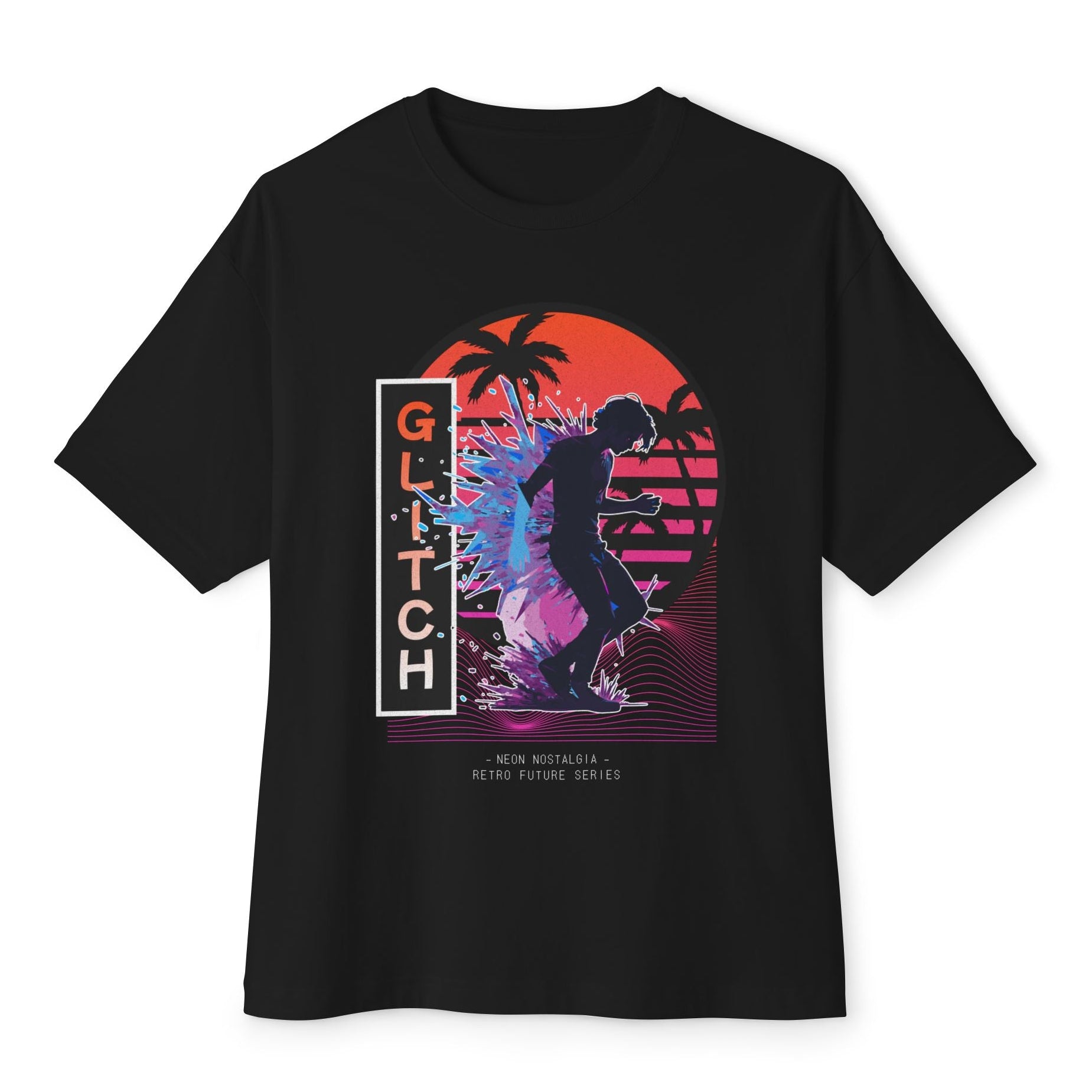 Glitch “Neon Nostalgia” Oversize Unisex Tişört – Retro Future Series Sokak Stili Grafik T-Shirt
