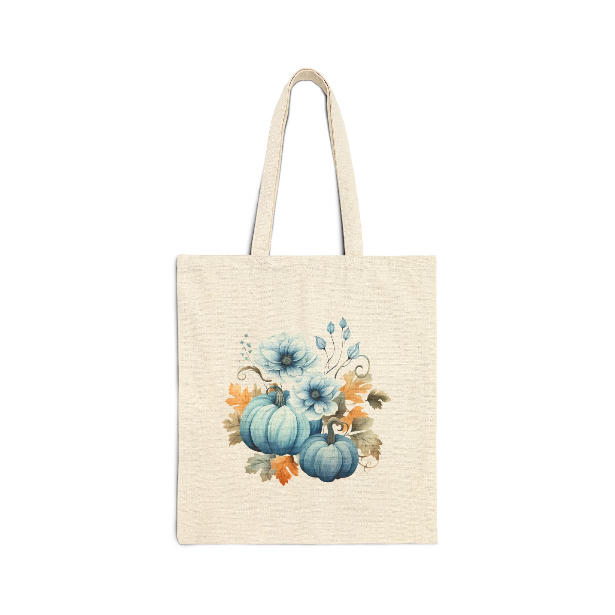 Pastel mavi balkabağı, mavi çiçek ve sonbahar yaprakları baskılı natural 35x40 cm kanvas tote çanta
