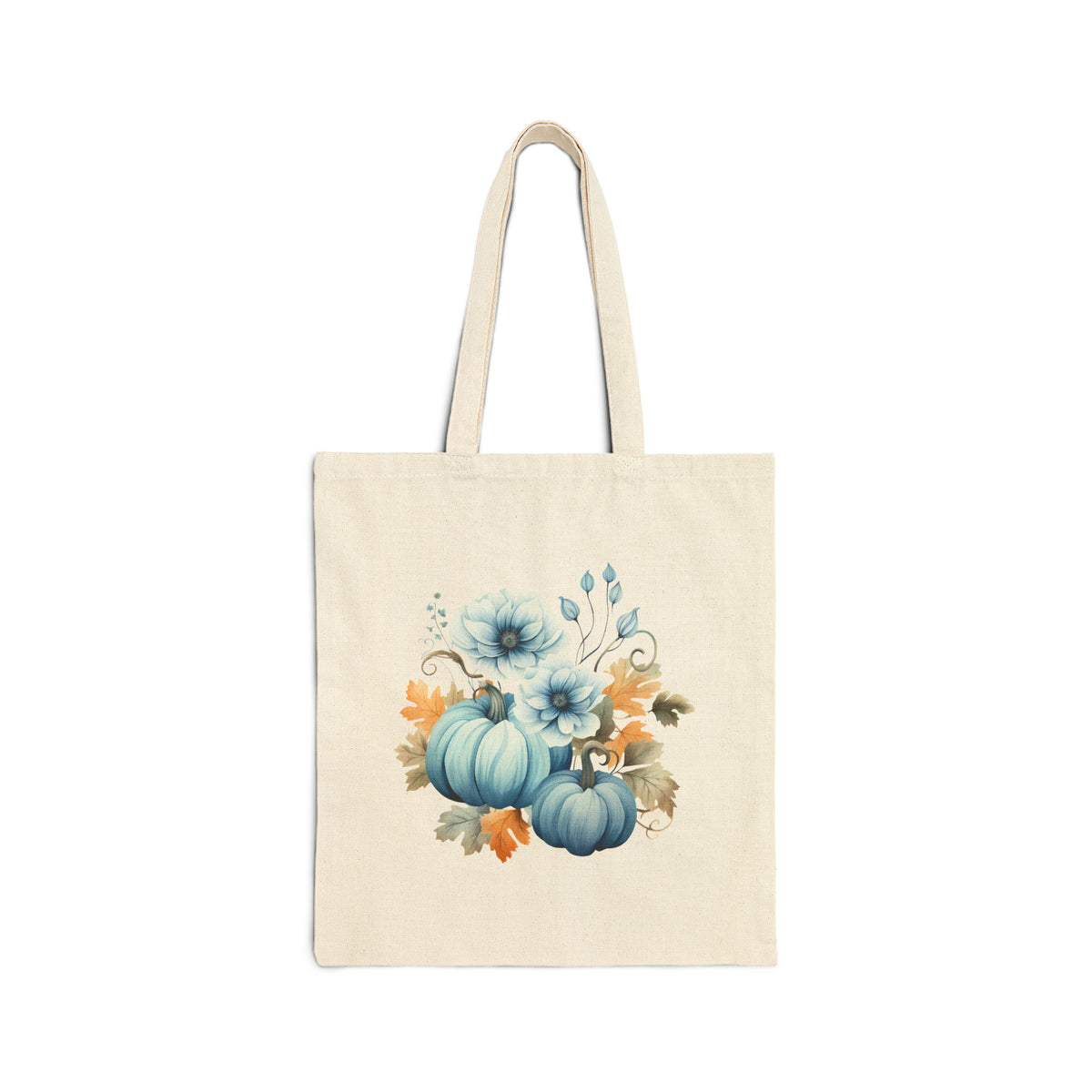 Pastel mavi balkabağı, mavi çiçek ve sonbahar yaprakları baskılı natural 35x40 cm kanvas tote çanta