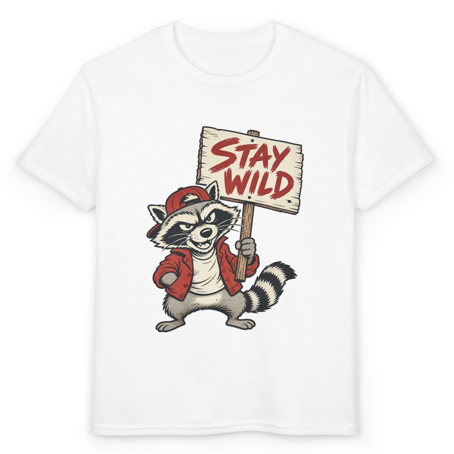 Stay Wild Baskılı Çocuk Tişörtü – Sevimli Rakun Tasarımlı