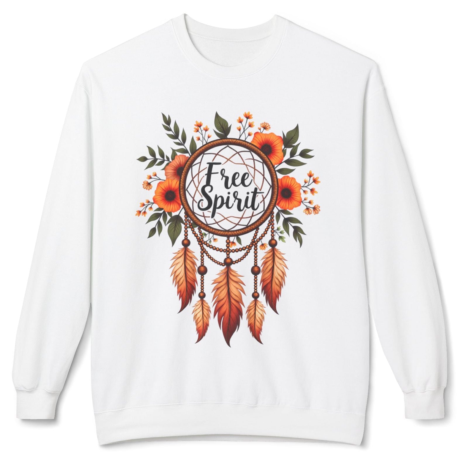 Önünde Free Spirit yazısı, turuncu çiçekler, yeşil yapraklar ve kahverengi tüylerle süslü düş kapanı baskısı bulunan beyaz kadın sweatshirt.