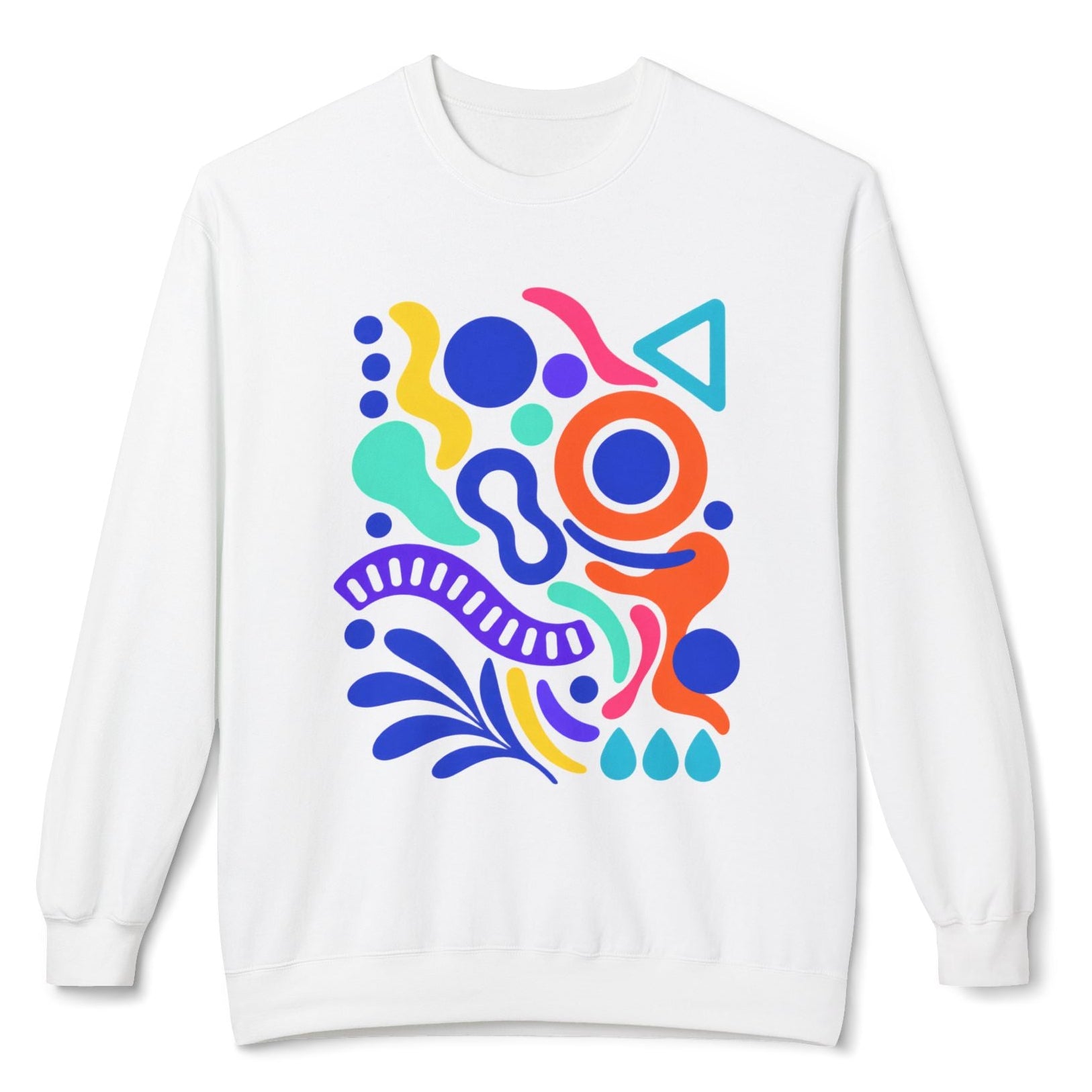 Beyaz bisiklet yaka kadın sweatshirtün ön yüzünde mavi, turuncu, pembe, sarı, mor ve mint renkli soyut geometrik baskı.