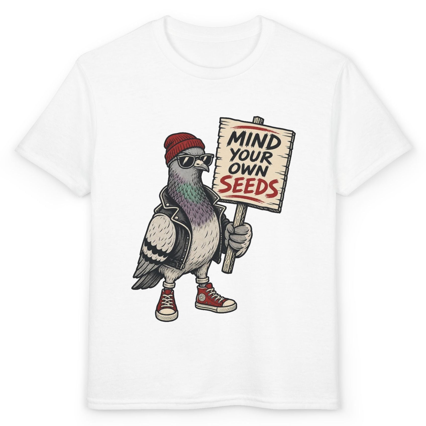 Mind Your Own Seeds Baskılı Çocuk Tişörtü – Sevimli Güvercin Tasarımlı