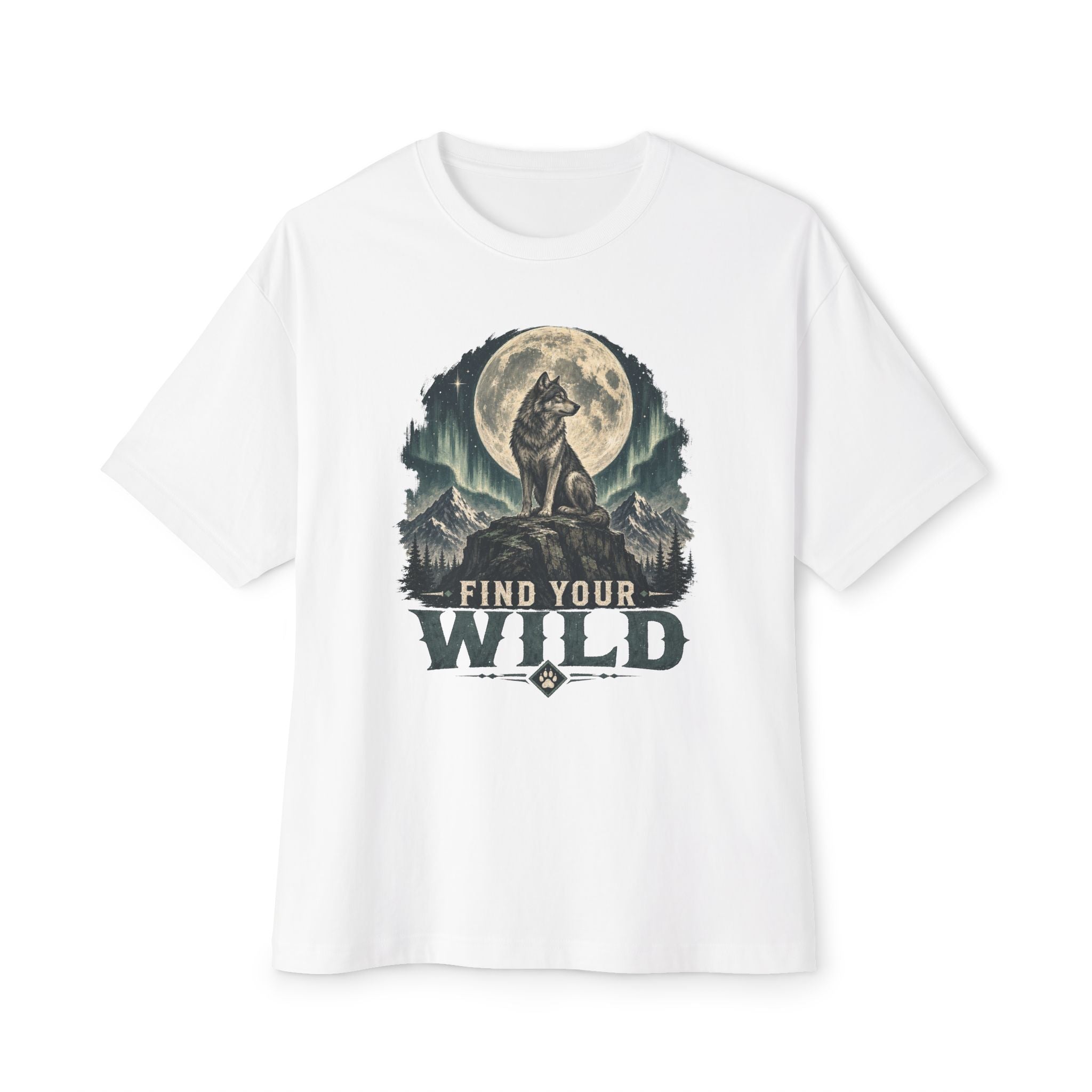 Find Your Wild Oversize Erkek Tişört – Kurt ve Dolunay Baskılı Oversize Pamuk Tişört