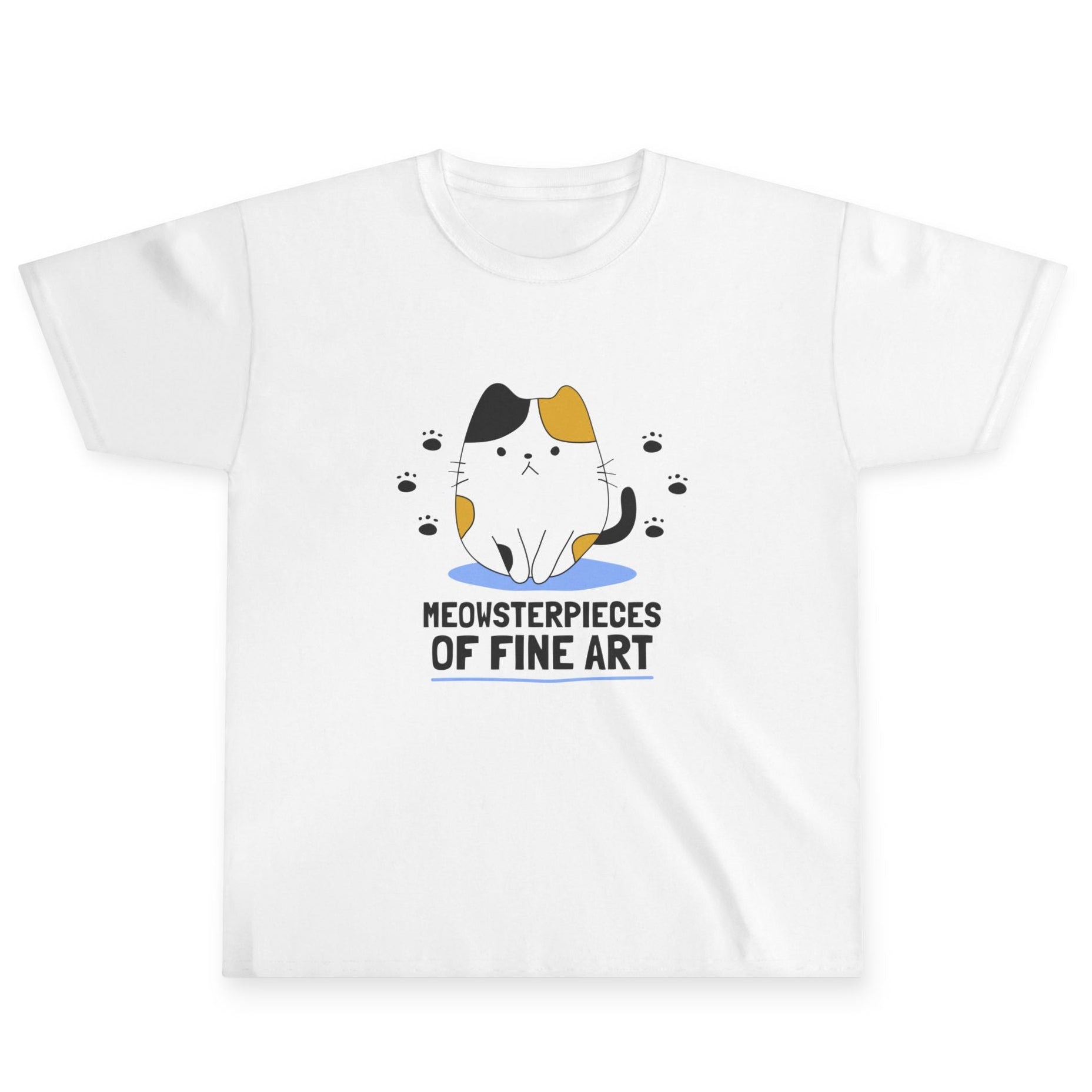 Sevimli Kedi Baskılı Çocuk Tişörtü – “Meowsterpieces of Fine Art” Yazılı Eğlenceli Tasarım