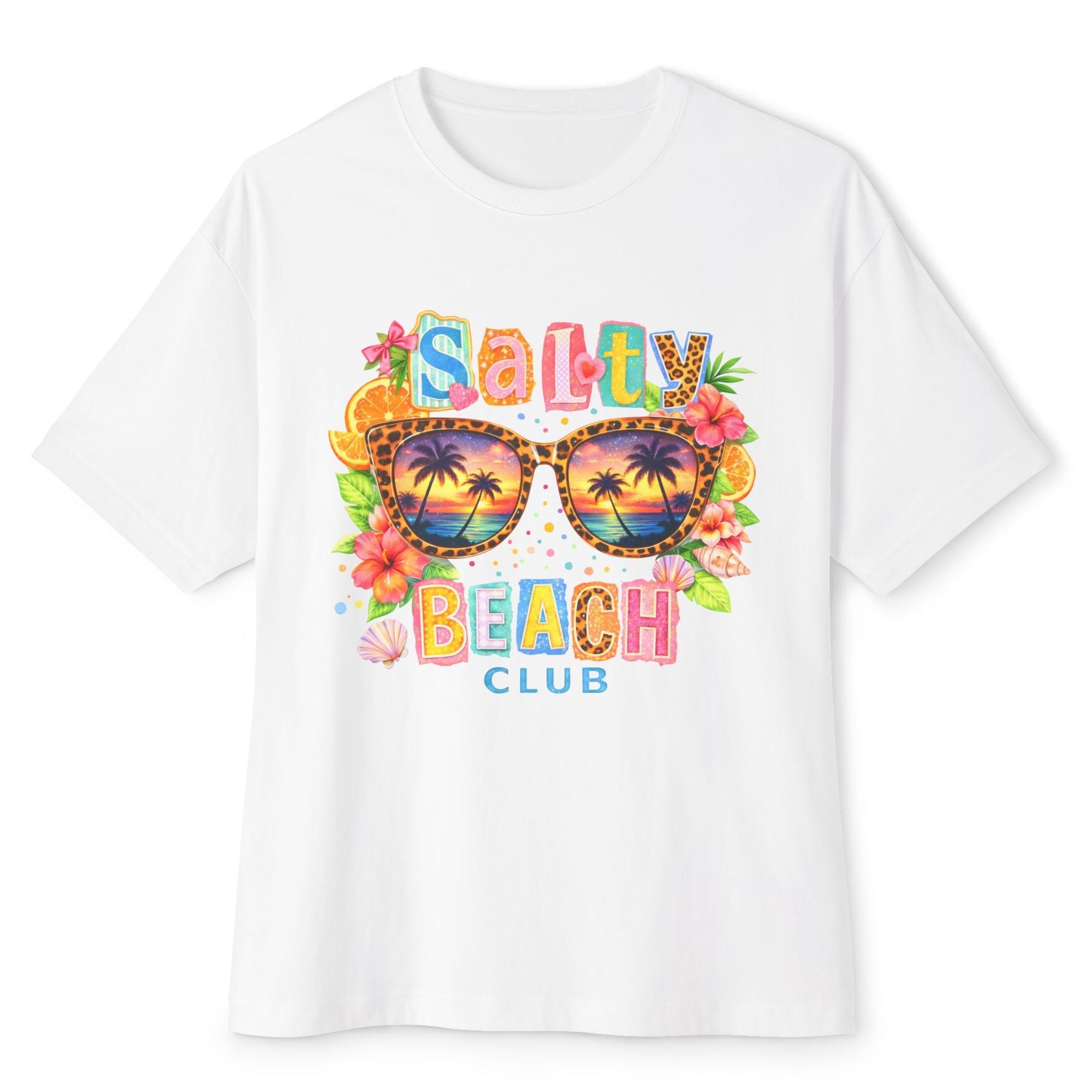Salty Beach Club Oversize Kadın Tişört – Yaz Temalı Renkli Grafik T-Shirt